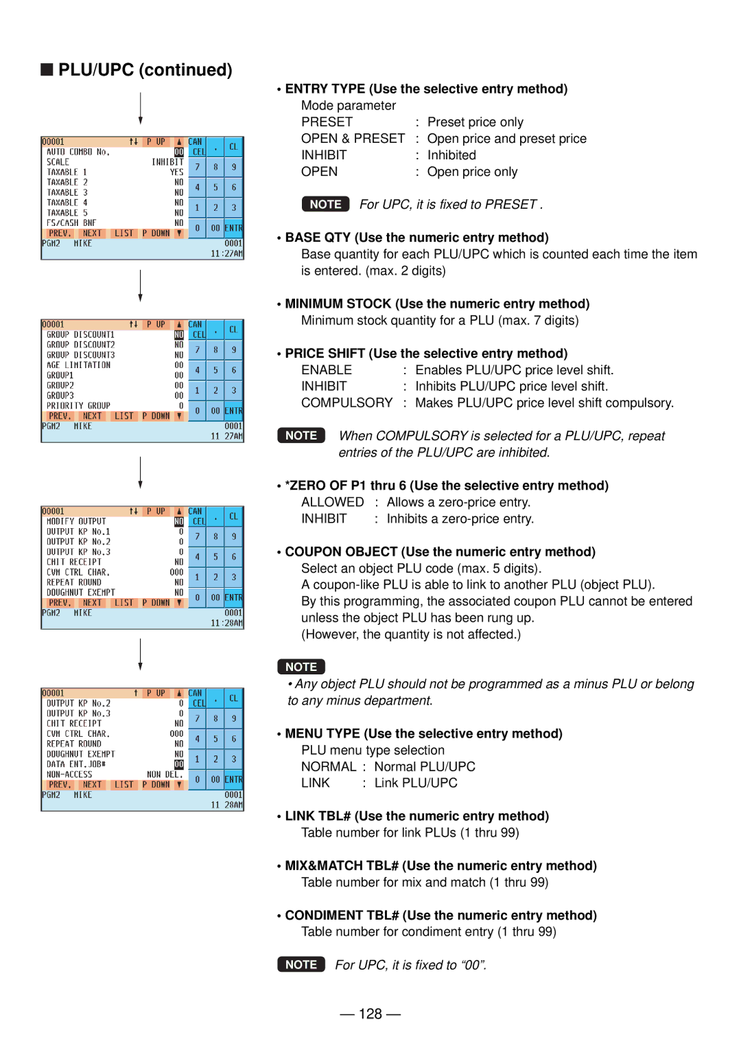 Sharp UP-820N manual Plu/Upc, 128, Base QTY Use the numeric entry method, Zero of P1 thru 6 Use the selective entry method 