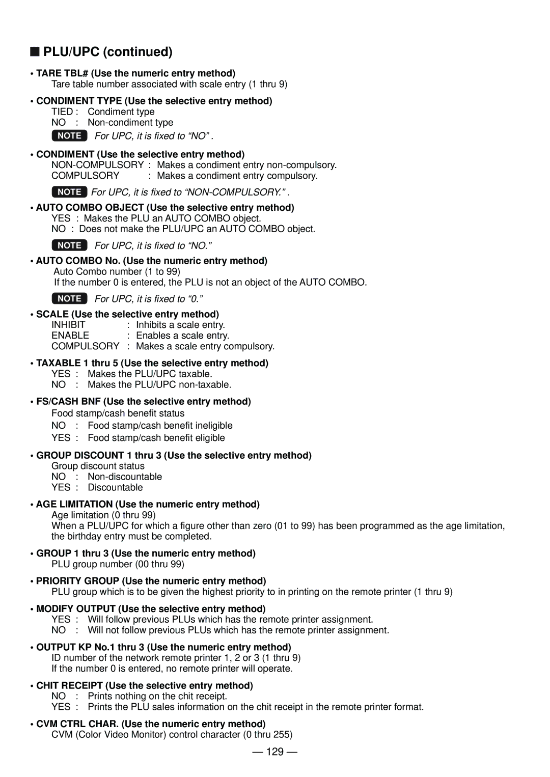 Sharp UP-820N manual 129, Tare TBL# Use the numeric entry method, Condiment Use the selective entry method 