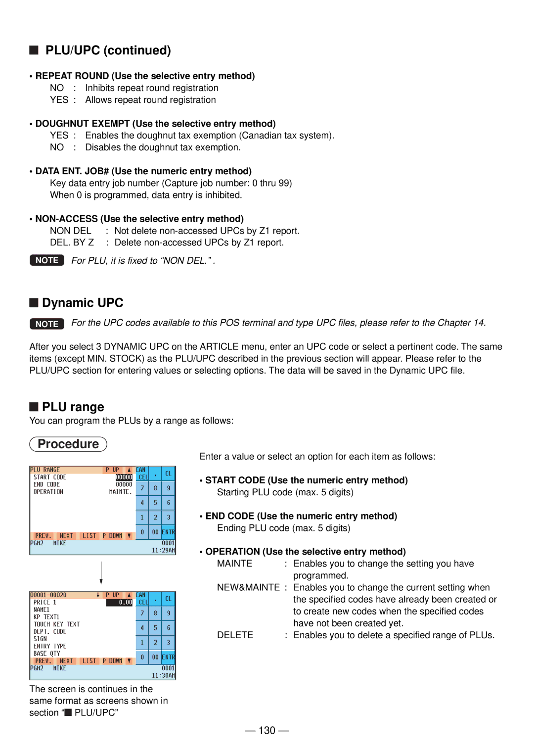 Sharp UP-820N manual Dynamic UPC, PLU range, 130, NON-ACCESS Use the selective entry method 