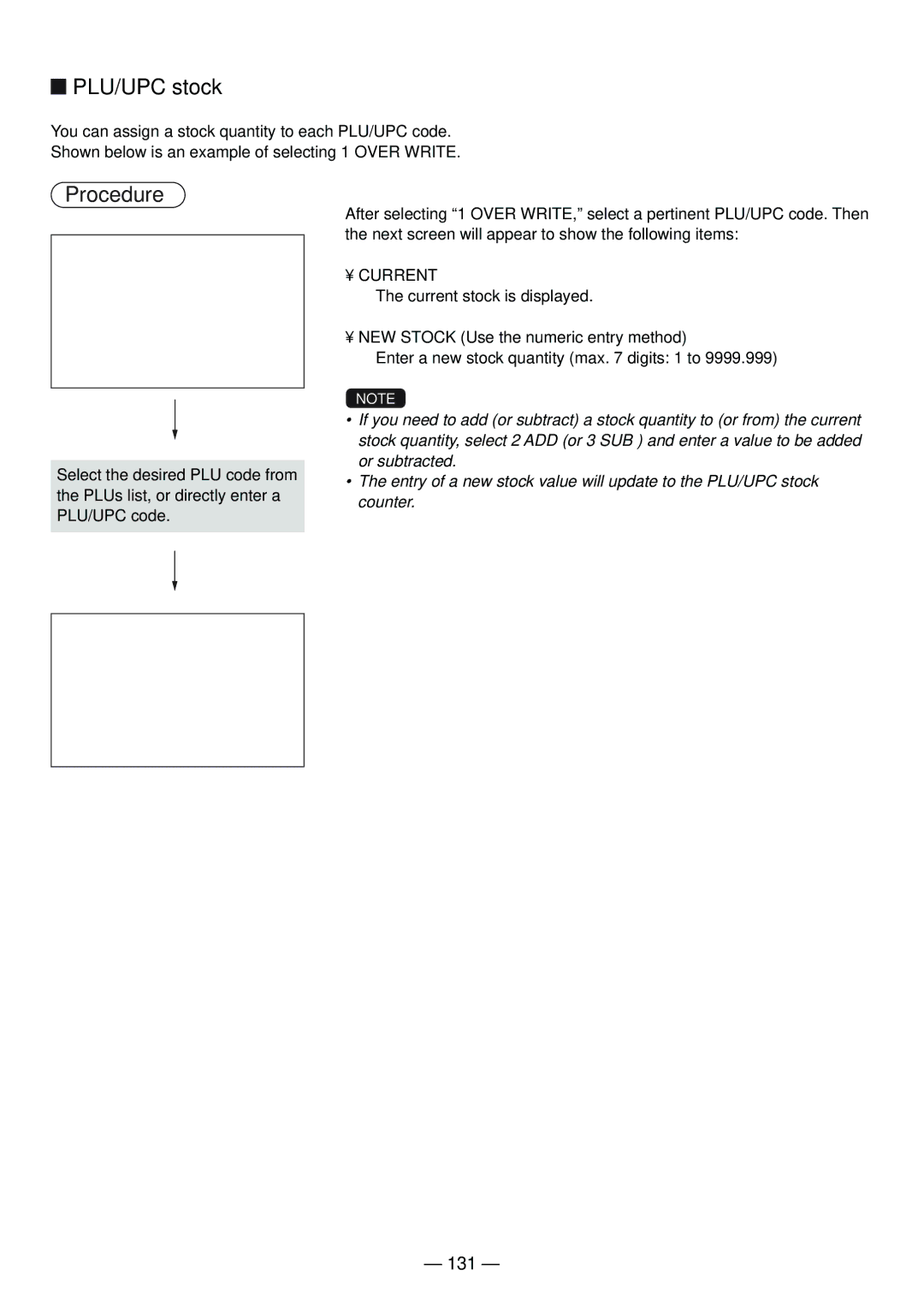 Sharp UP-820N manual PLU/UPC stock, 131, NEW Stock Use the numeric entry method 