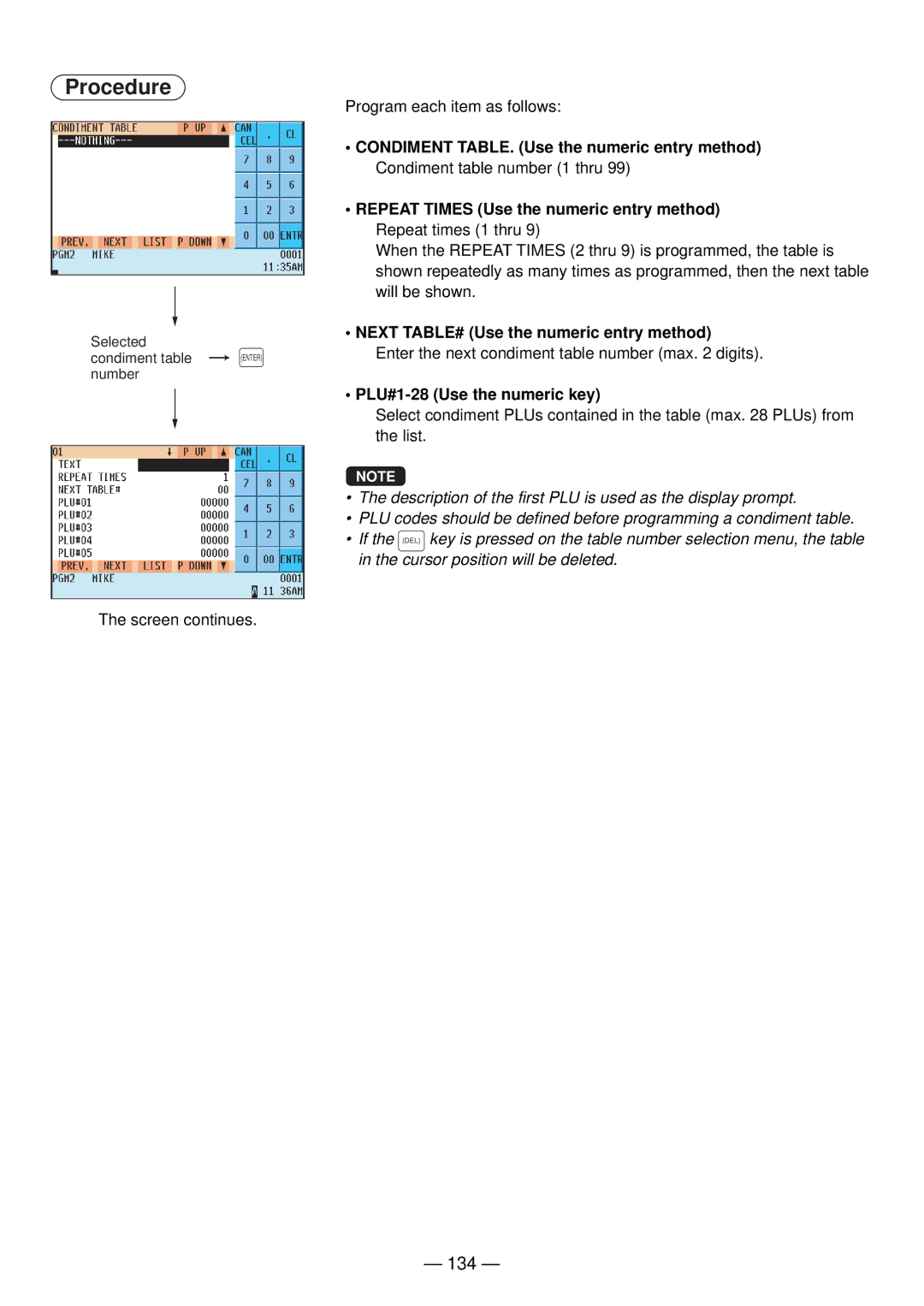 Sharp UP-820N manual 134, Next TABLE# Use the numeric entry method, PLU#1-28 Use the numeric key 