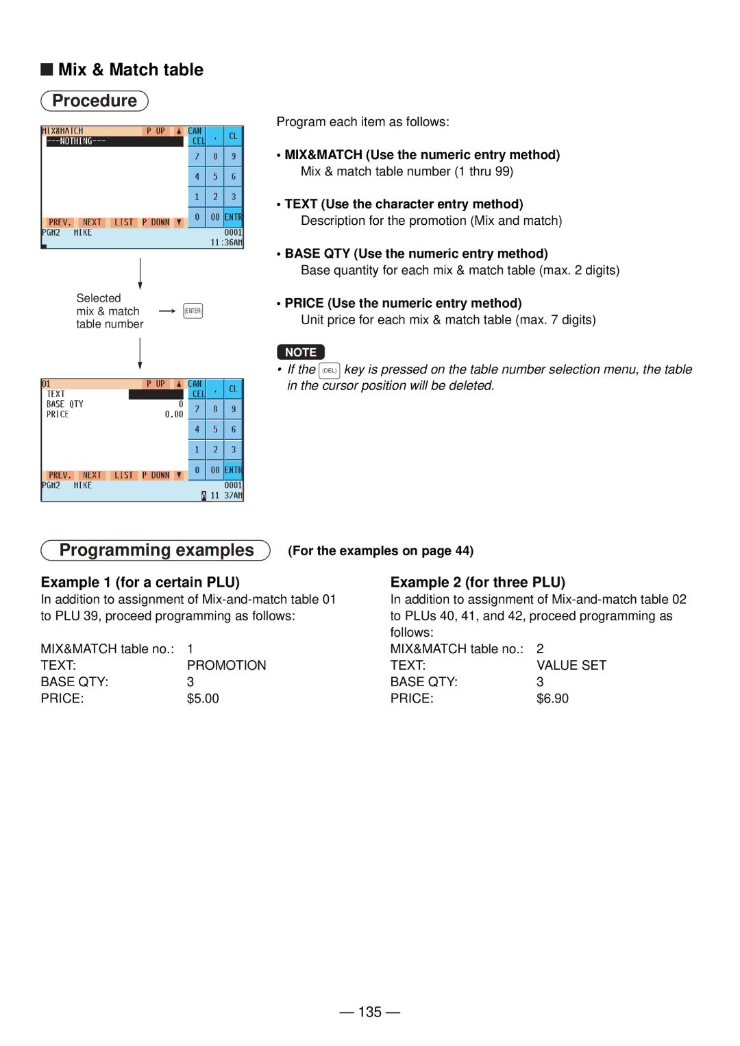 Sharp UP-820N manual Mix & Match table, 135, For the examples on 