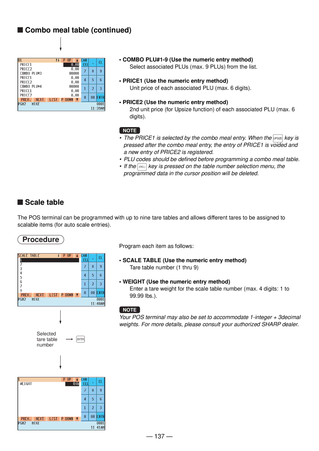 Sharp UP-820N manual Scale table, 137, PRICE1 Use the numeric entry method, PRICE2 Use the numeric entry method 