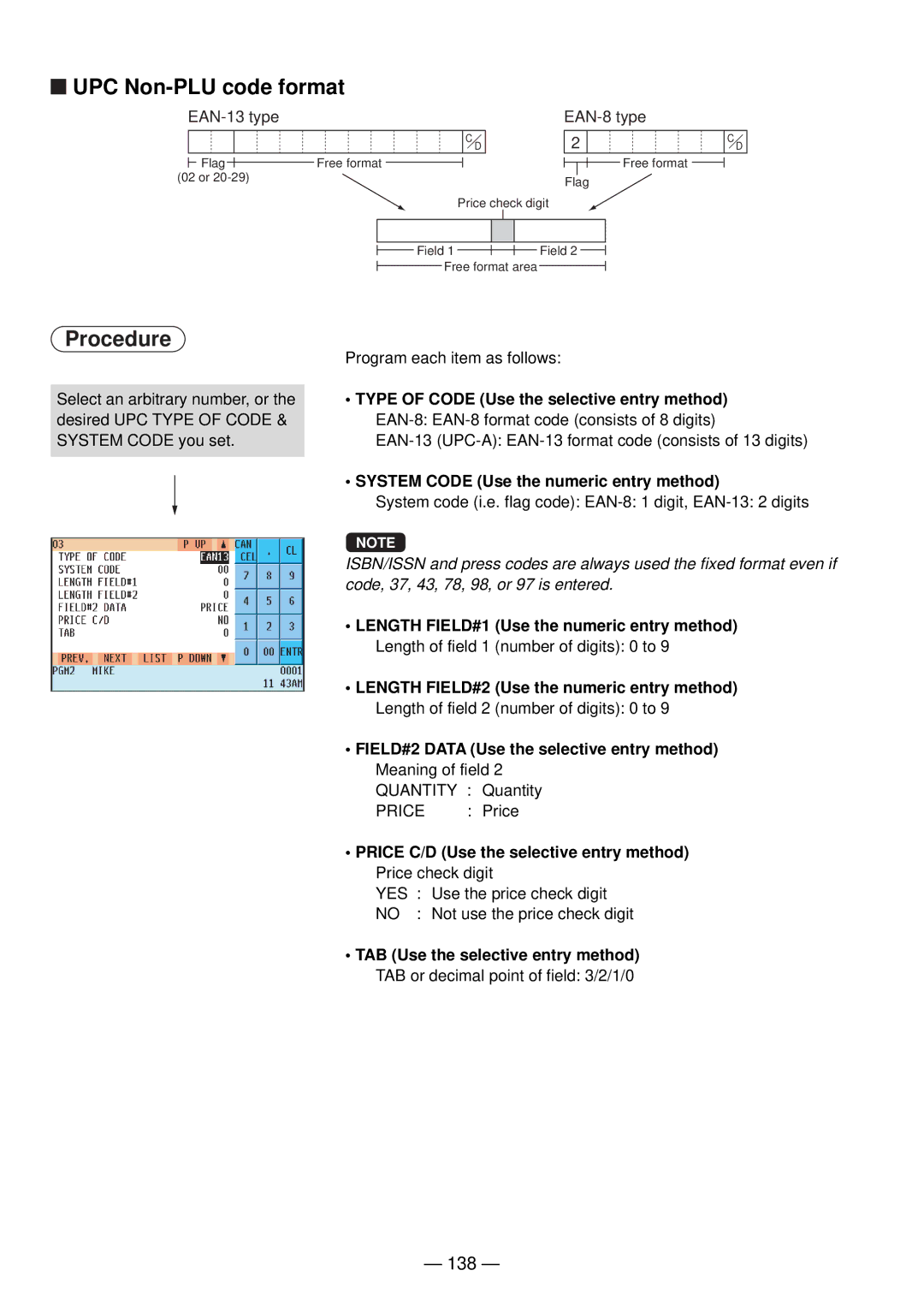 Sharp UP-820N manual UPC Non-PLU code format, 138, System Code Use the numeric entry method 