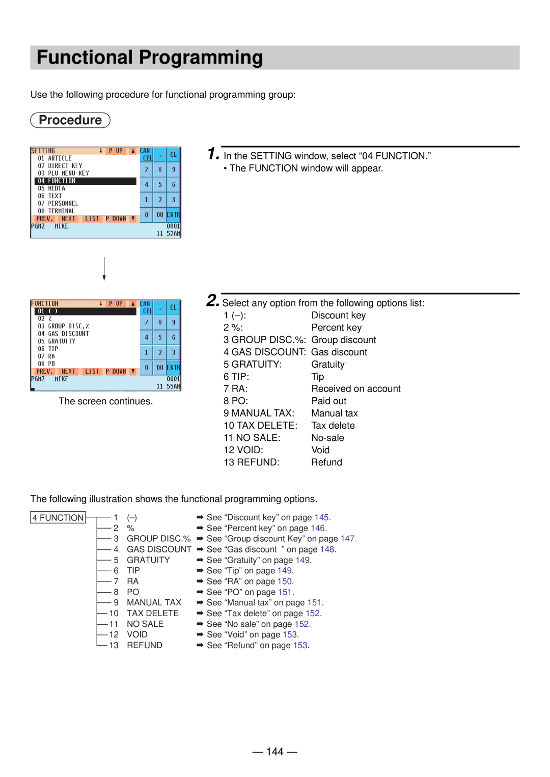 Sharp UP-820N manual Functional Programming, 144 