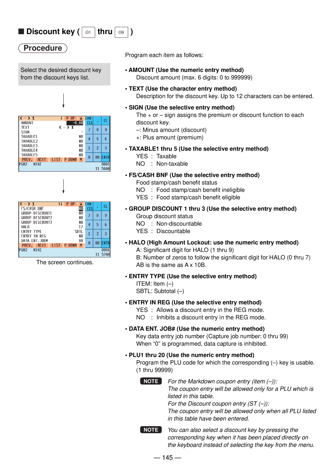 Sharp UP-820N manual Discount key 1 thru, 145 