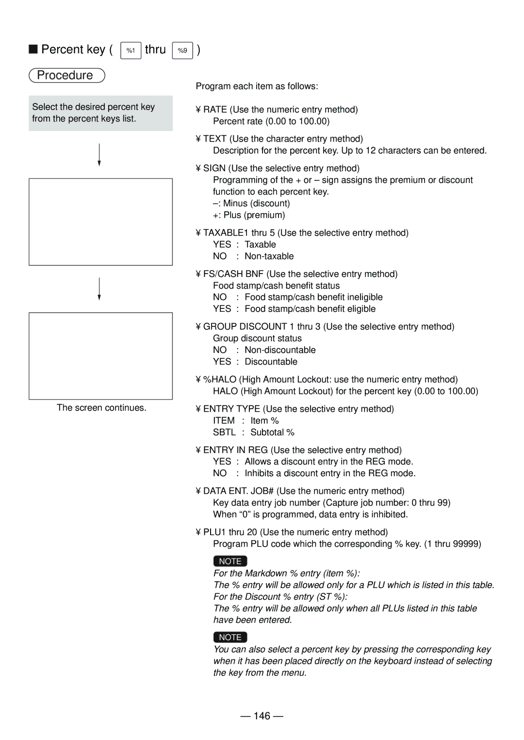 Sharp UP-820N manual Percent key %1 thru, 146, Rate Use the numeric entry method 