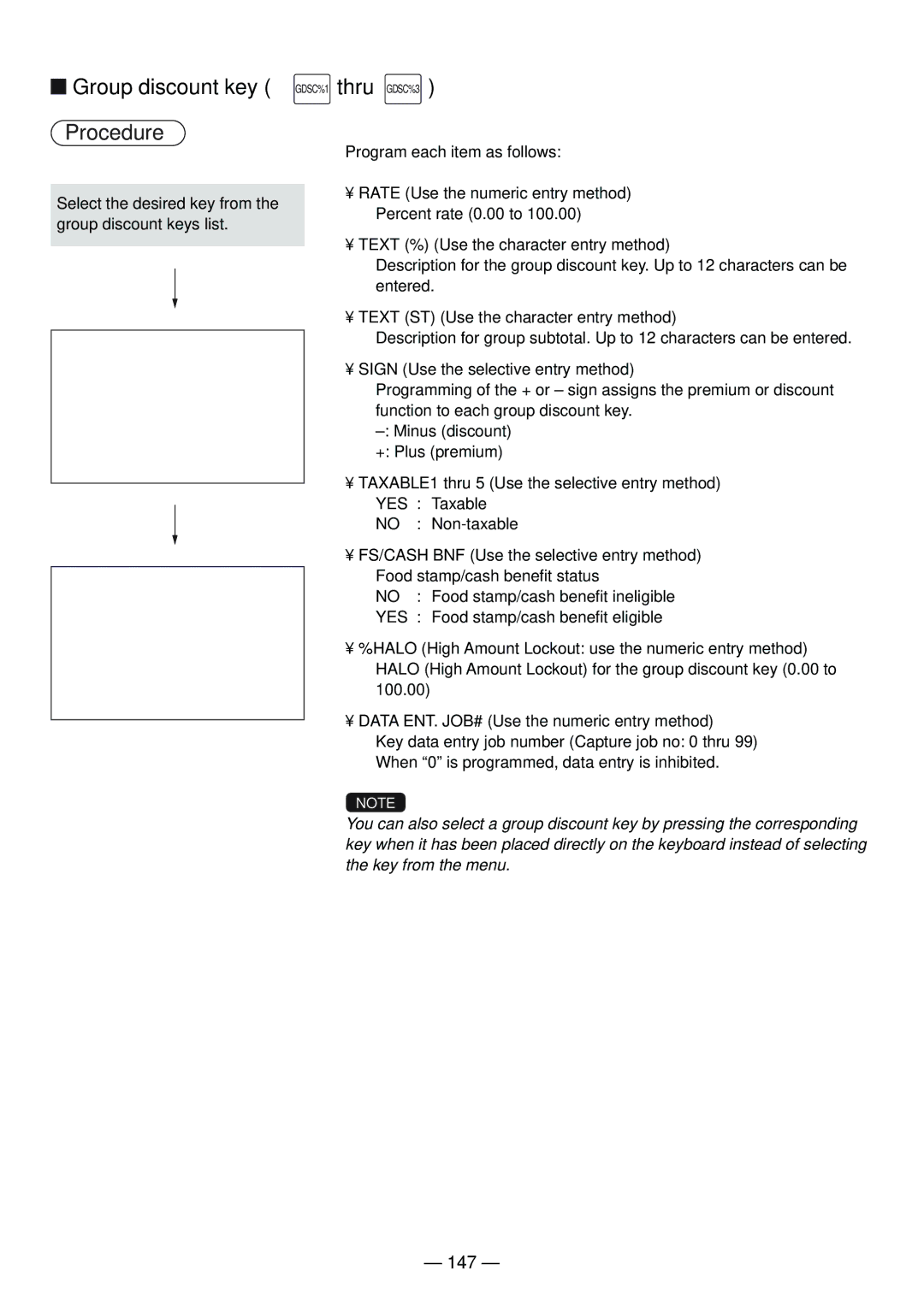 Sharp UP-820N manual Group discount key, 147, Text ST Use the character entry method 