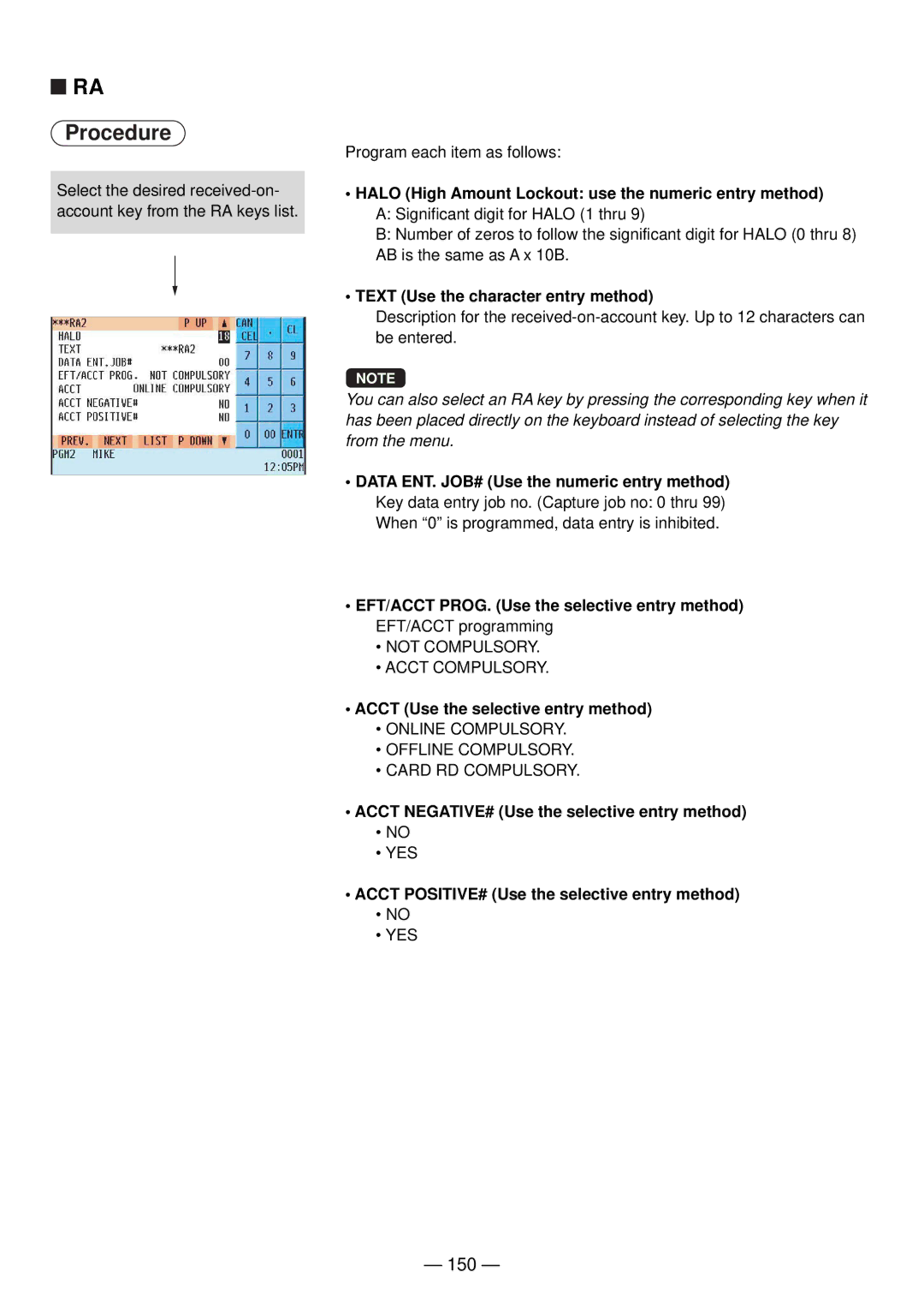 Sharp UP-820N manual 150, Acct Use the selective entry method, Acct NEGATIVE# Use the selective entry method 