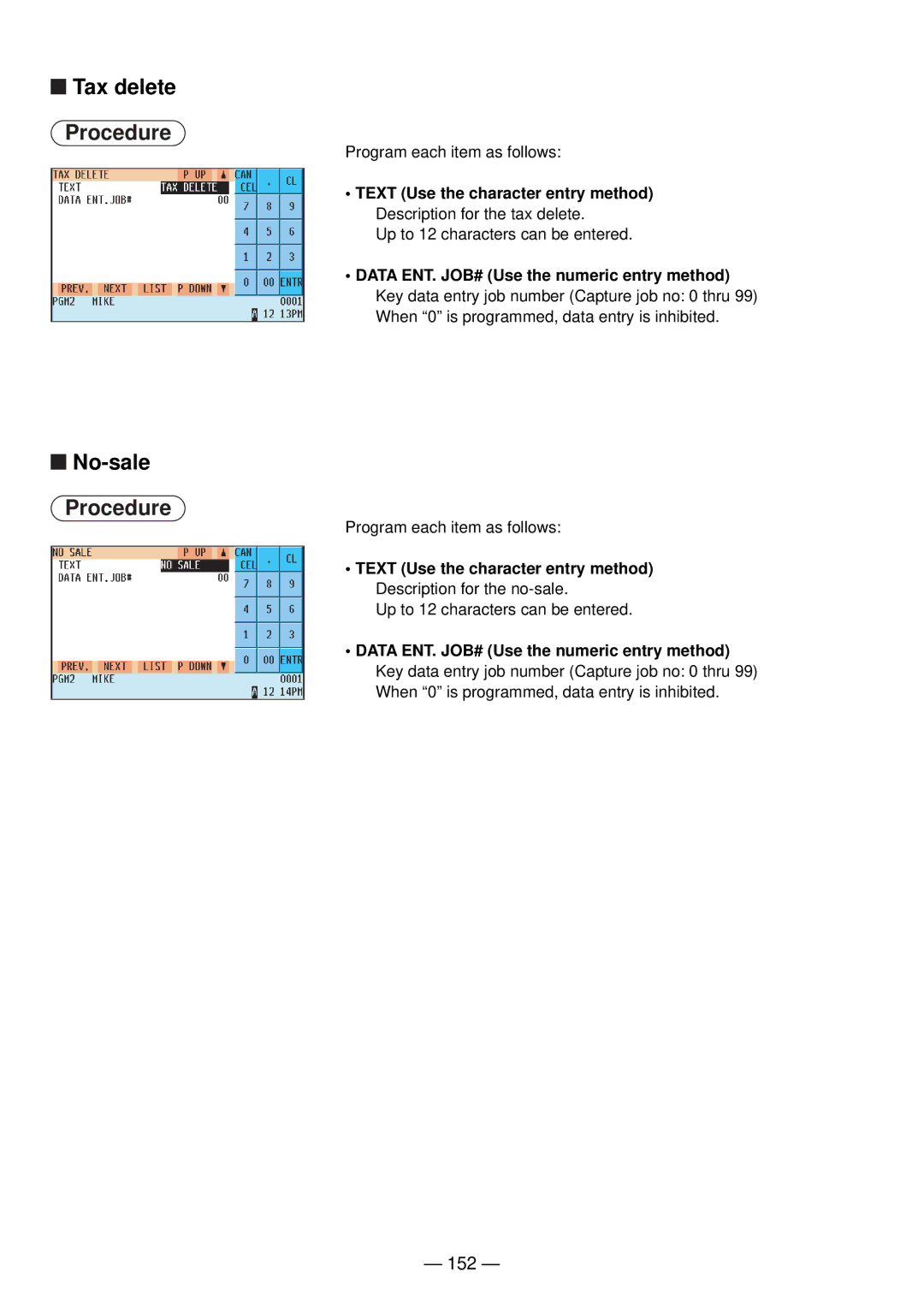 Sharp UP-820N manual Tax delete, No-sale, 152 