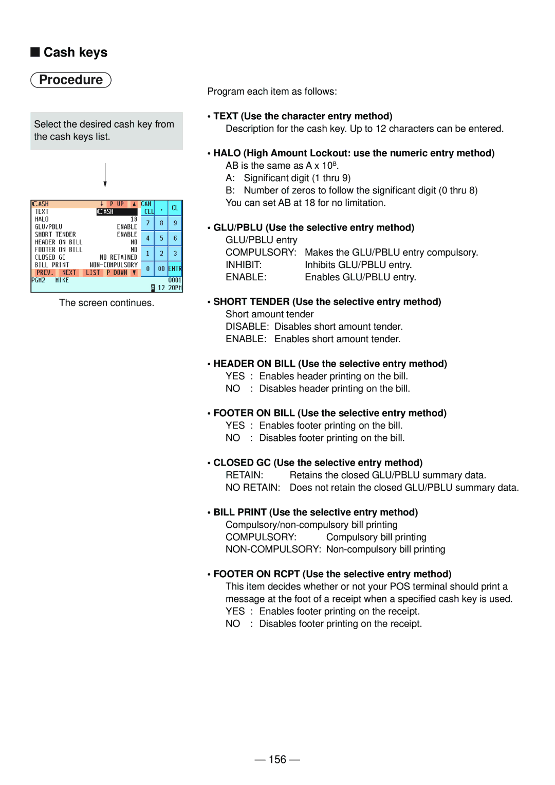 Sharp UP-820N manual Cash keys, 156 