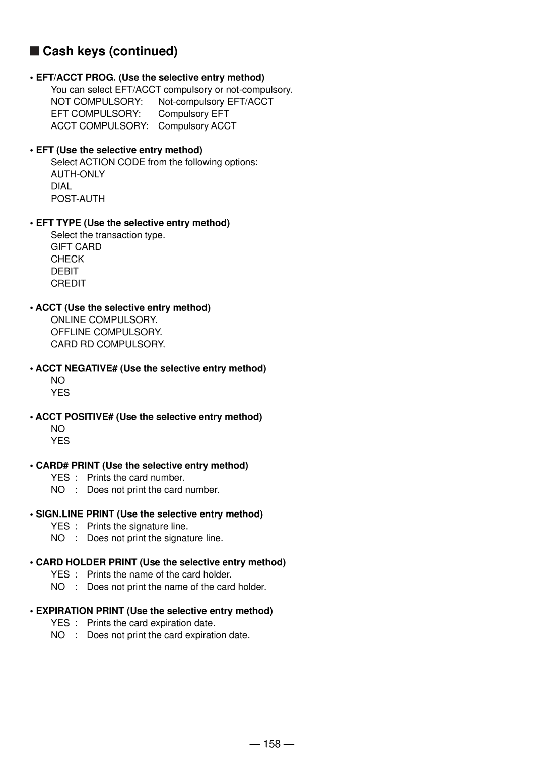 Sharp UP-820N manual 158, EFT/ACCT PROG. Use the selective entry method, EFT Use the selective entry method 