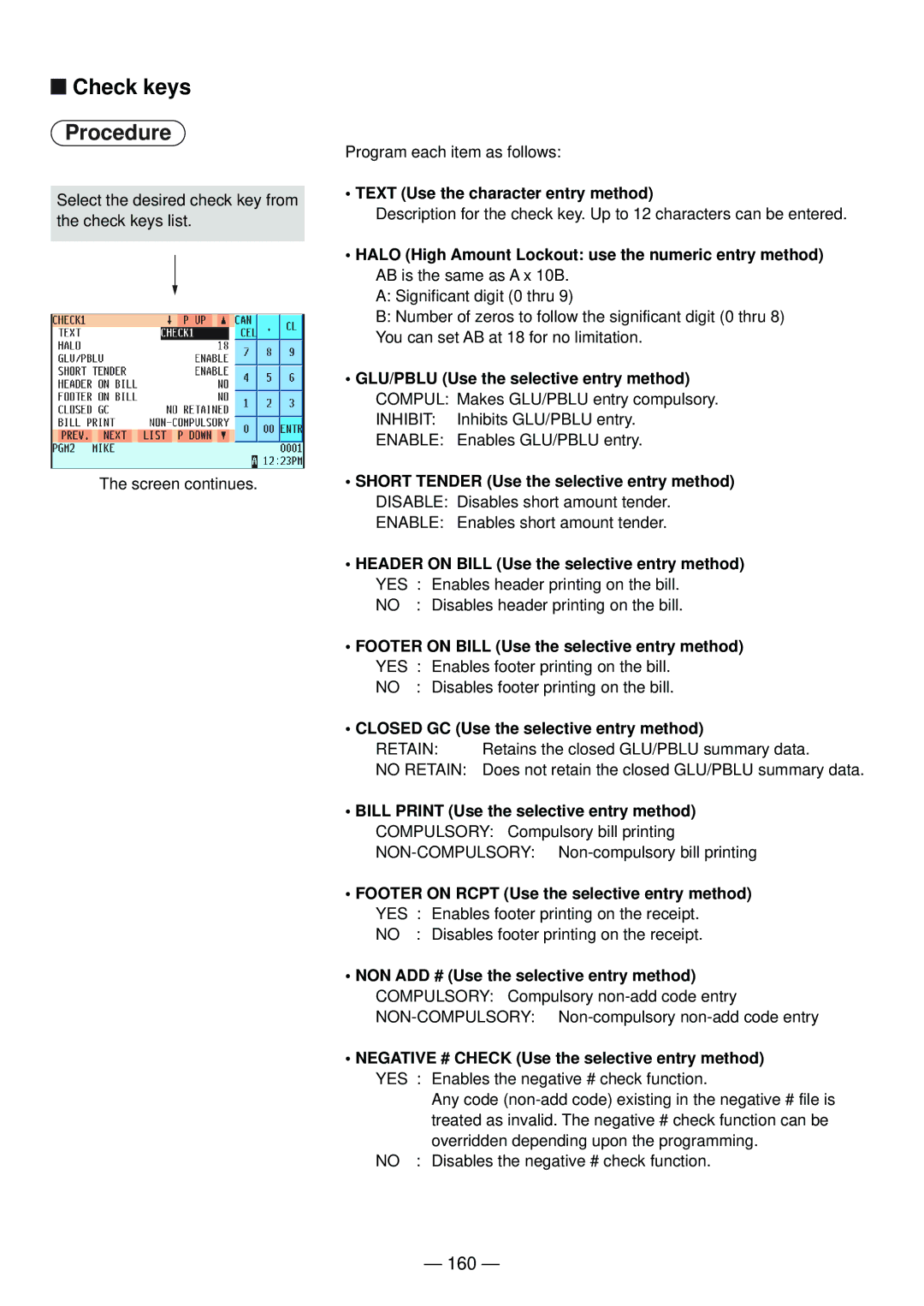 Sharp UP-820N manual Check keys, 160, Bill Print Use the selective entry method 