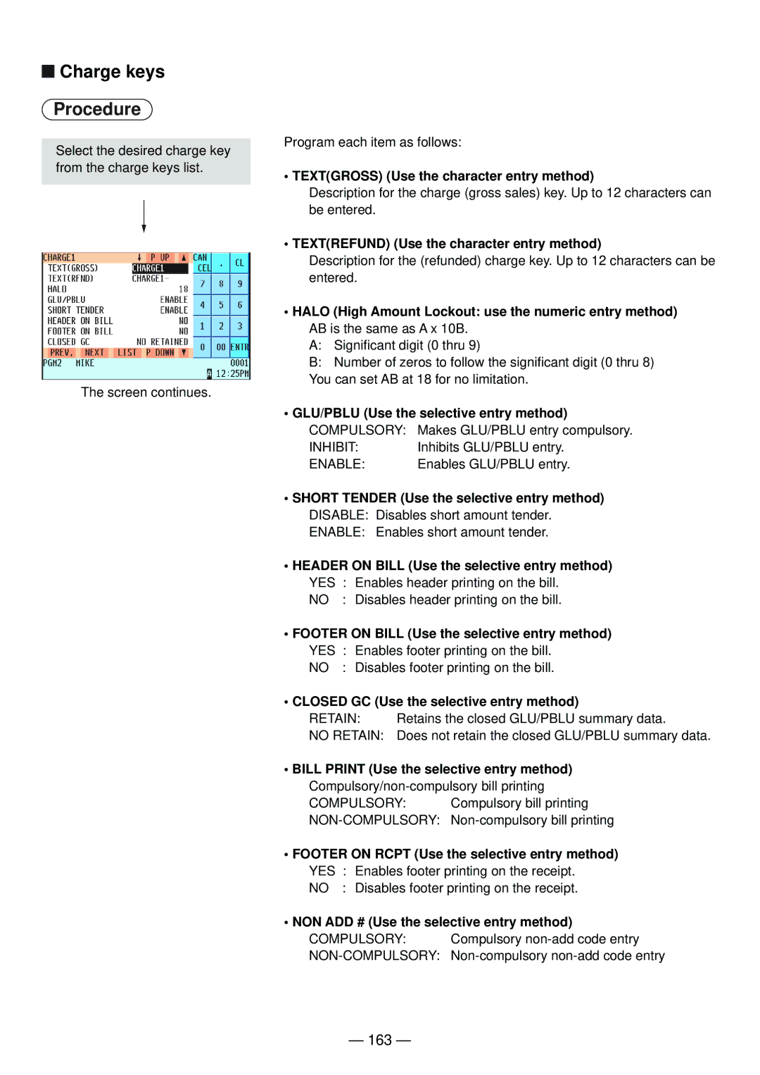 Sharp UP-820N manual Charge keys, 163, Textgross Use the character entry method, Textrefund Use the character entry method 