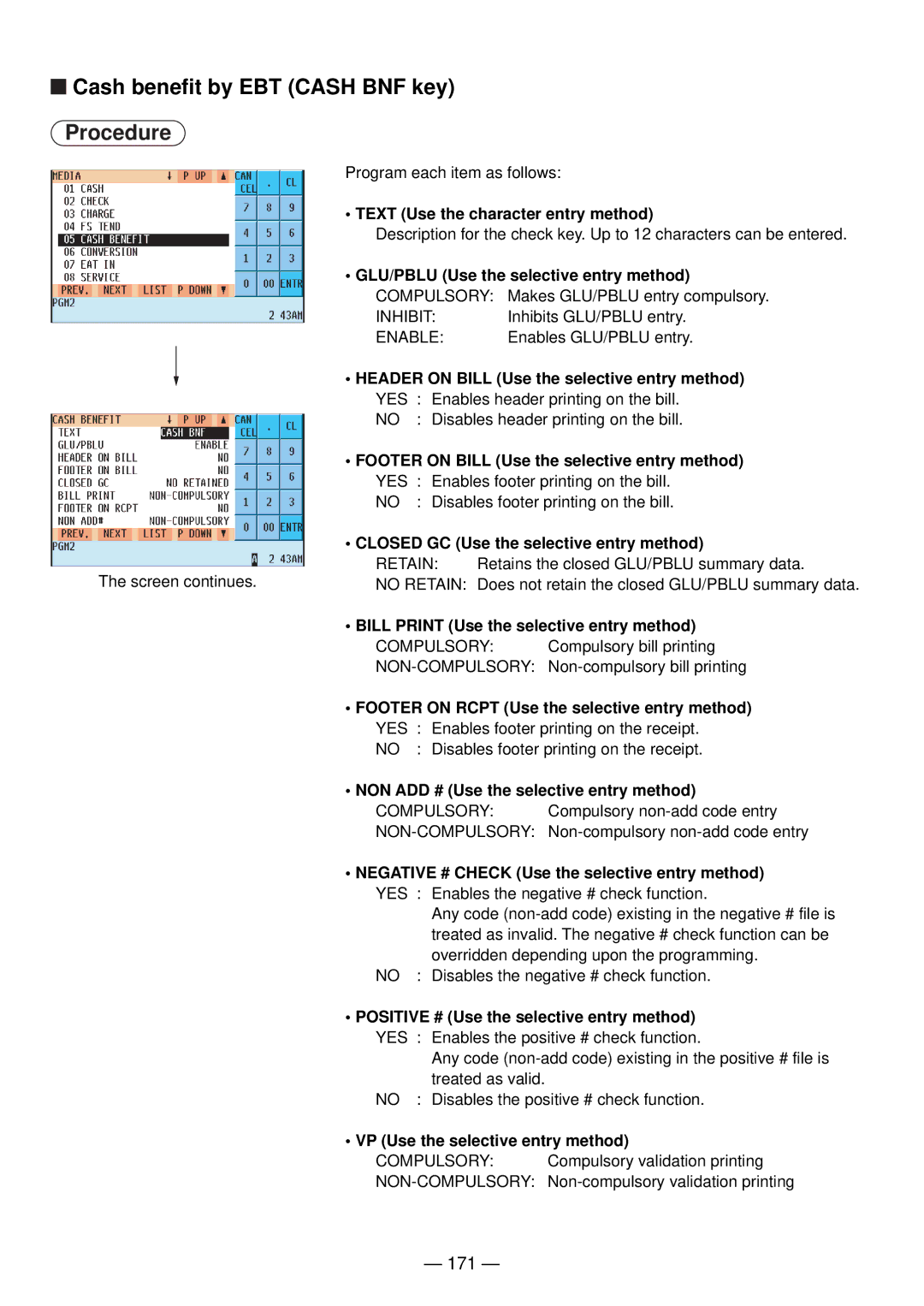 Sharp UP-820N manual Cash benefit by EBT Cash BNF key, 171 