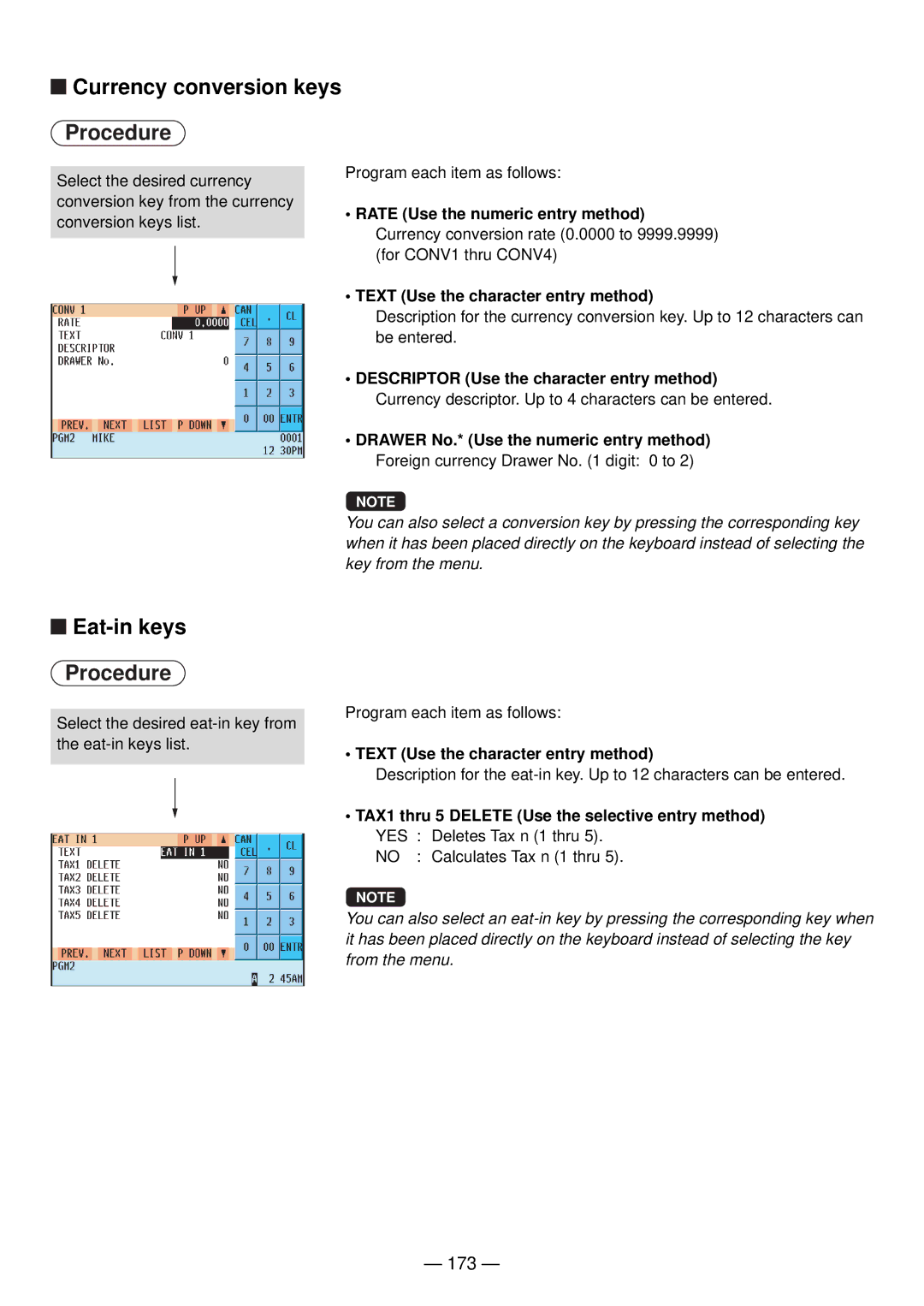 Sharp UP-820N manual Currency conversion keys, Eat-in keys, 173 