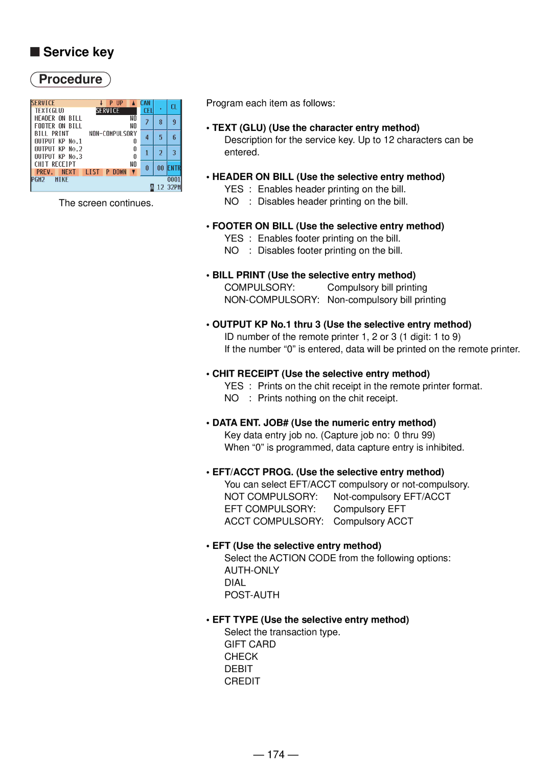 Sharp UP-820N manual Service key, 174, Text GLU Use the character entry method 