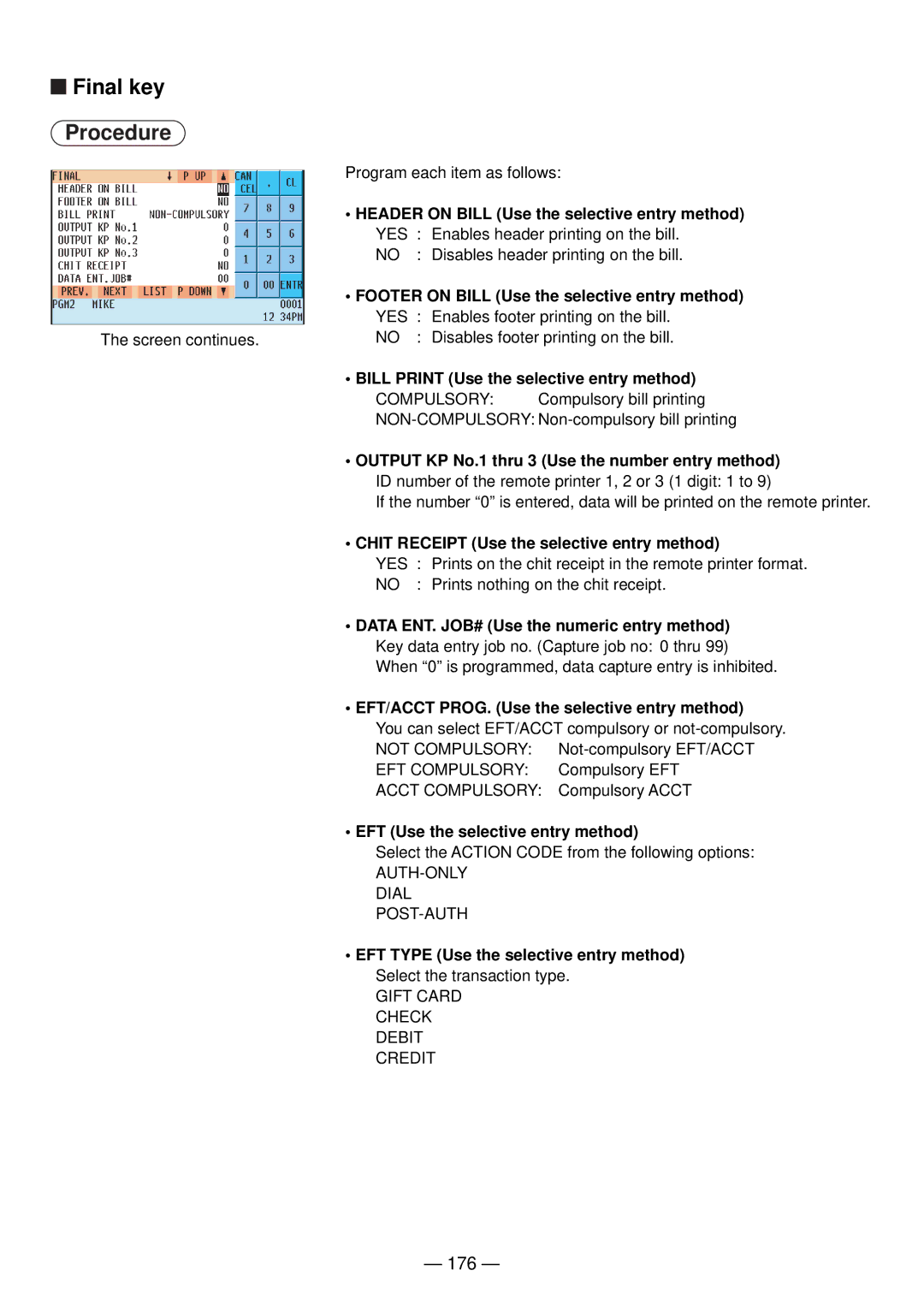 Sharp UP-820N manual Final key, 176 