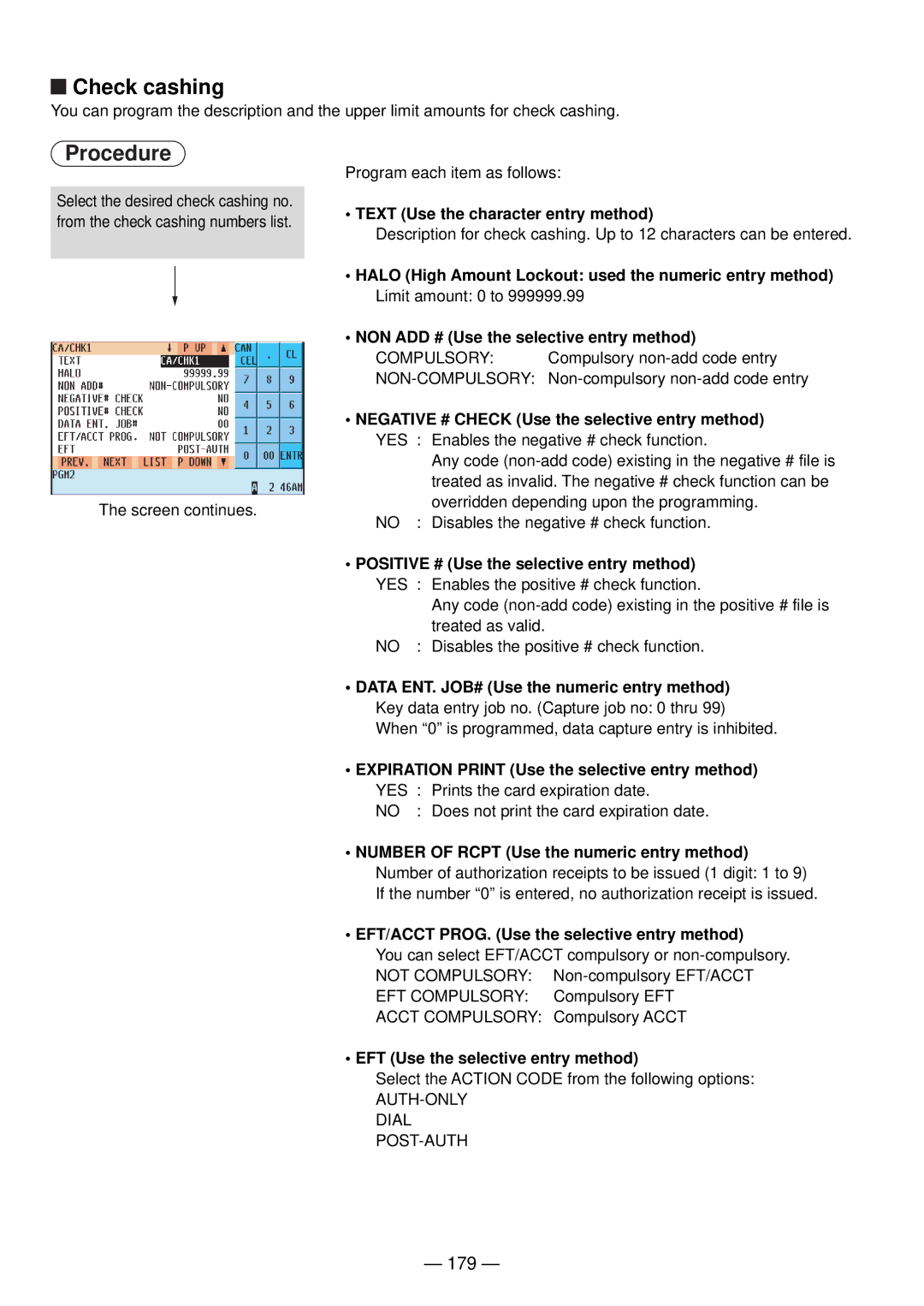 Sharp UP-820N manual Check cashing, 179 