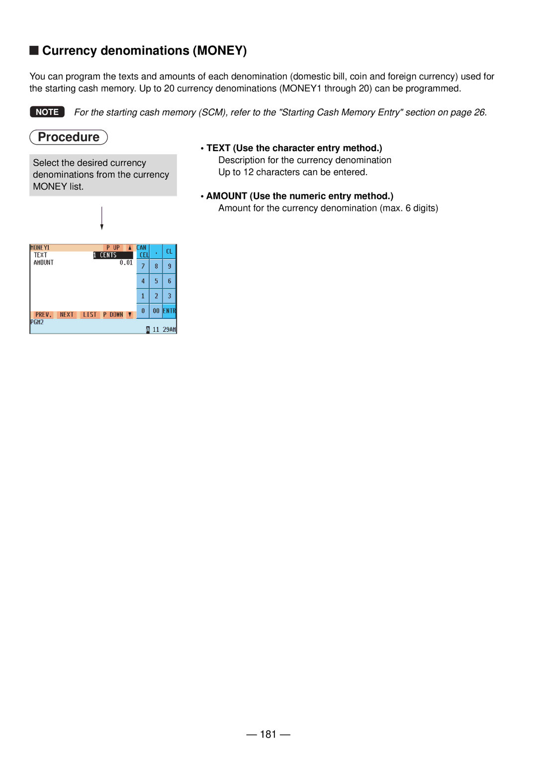 Sharp UP-820N manual Currency denominations Money, 181, Amount Use the numeric entry method 