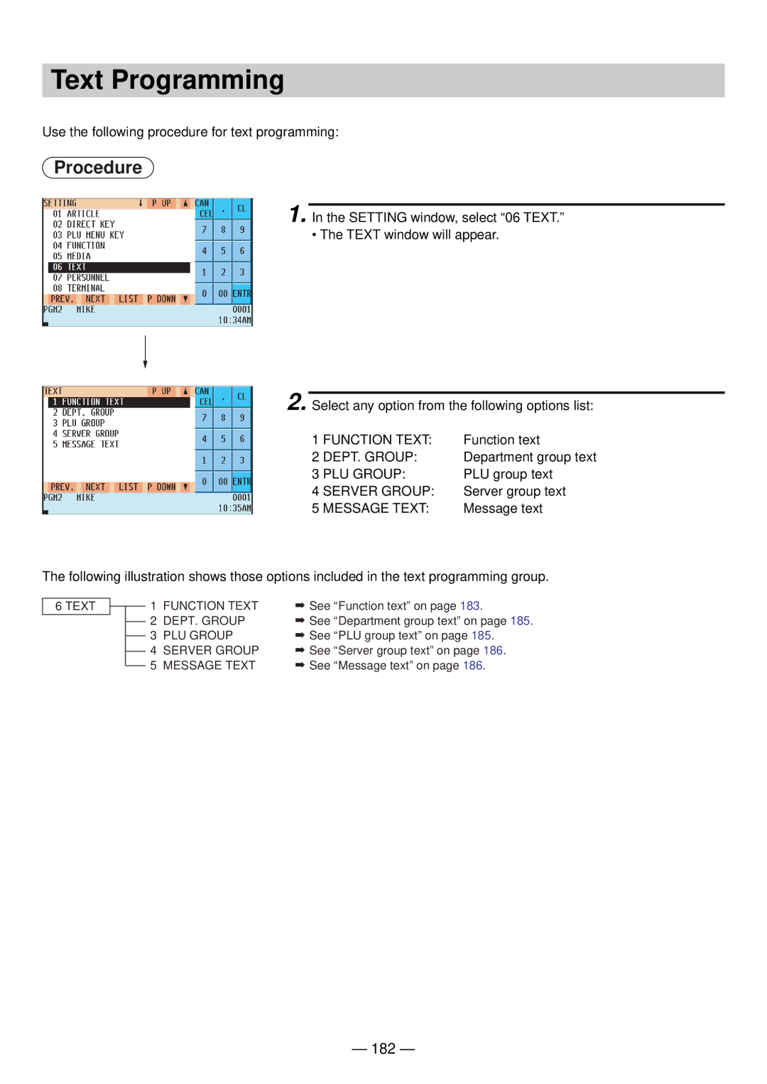 Sharp UP-820N manual Text Programming, 182 