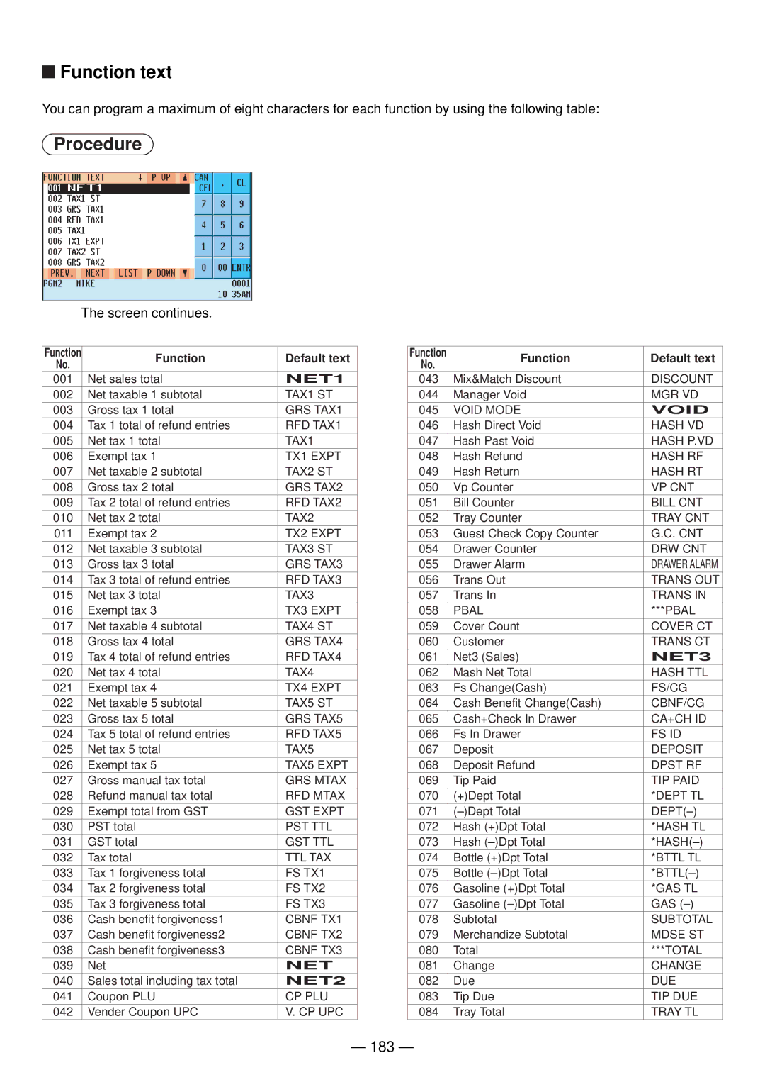 Sharp UP-820N manual Function text, 183 