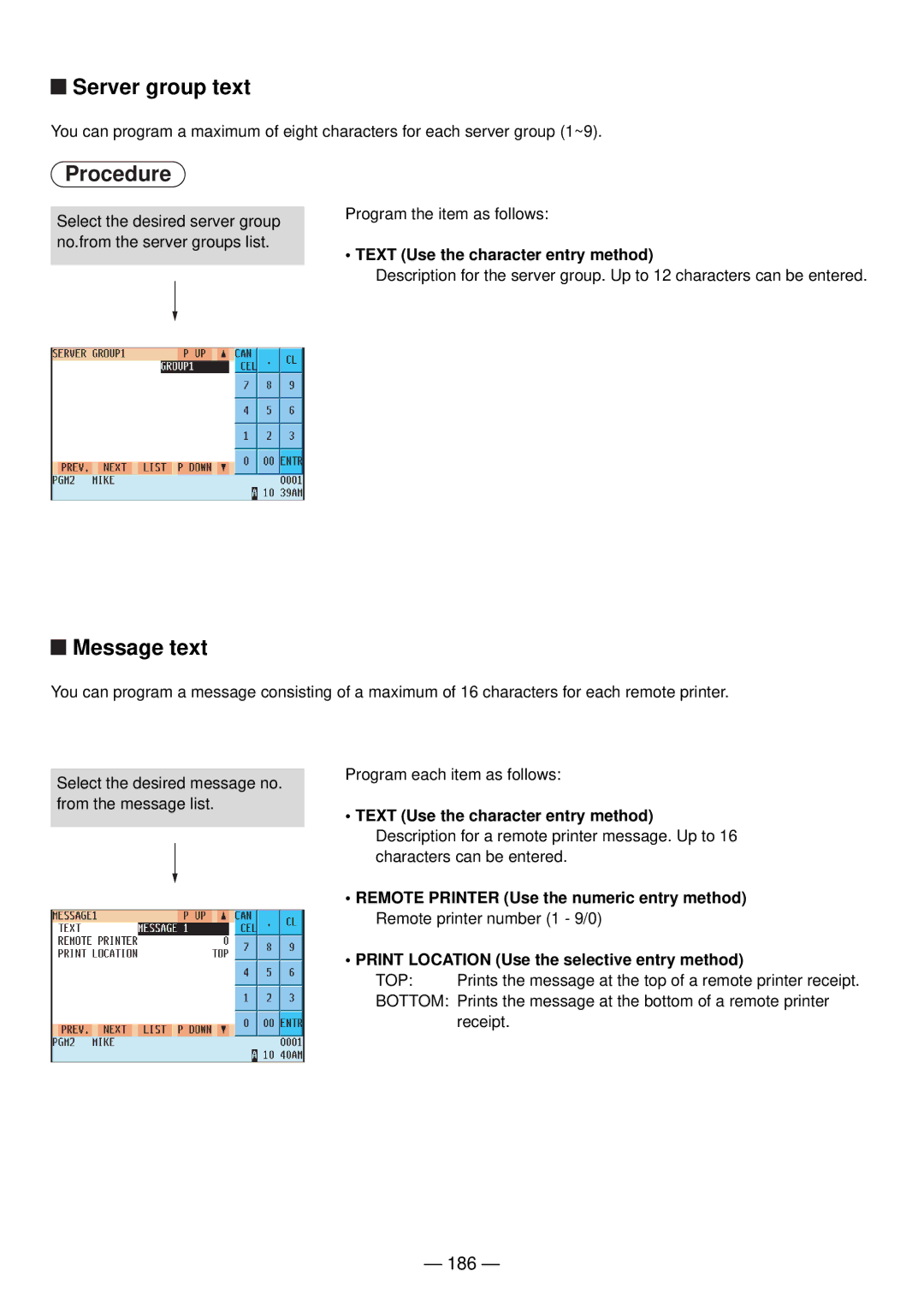 Sharp UP-820N manual Server group text, Message text, 186 