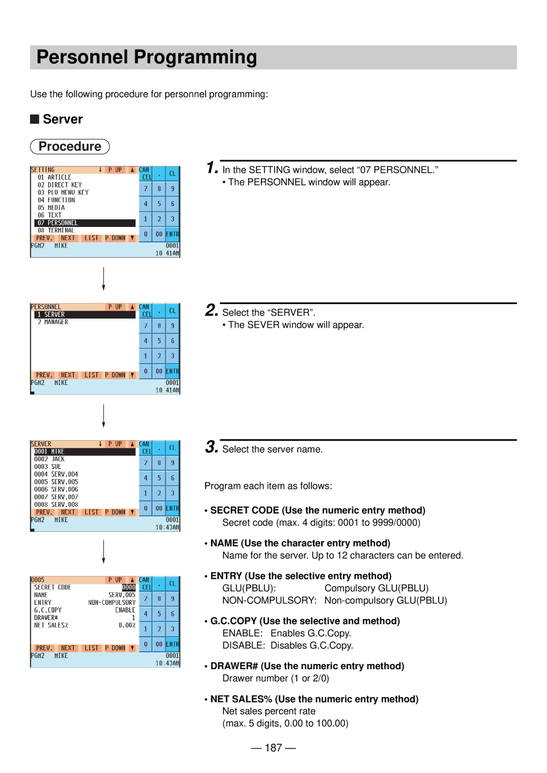 Sharp UP-820N manual Personnel Programming, Server, 187, Entry Use the selective entry method 