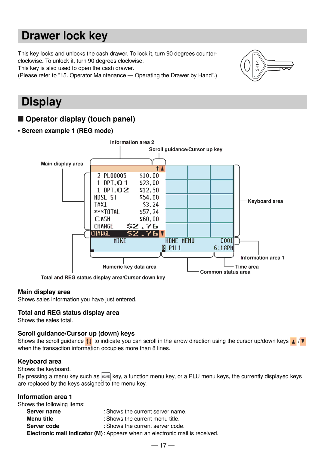 Sharp UP-820N manual Drawer lock key, Display, Operator display touch panel 