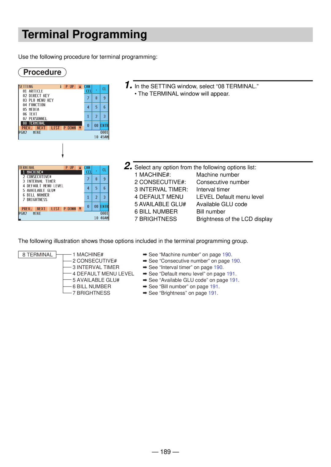 Sharp UP-820N manual Terminal Programming, 189 