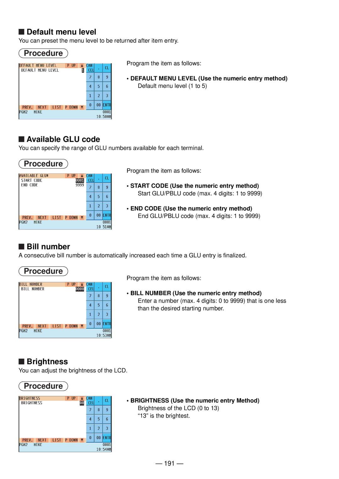 Sharp UP-820N manual Default menu level, Available GLU code, Bill number, Brightness, 191 