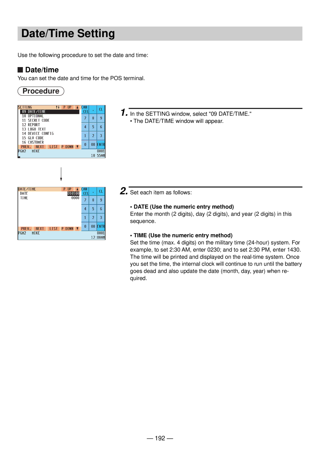 Sharp UP-820N Date/Time Setting, Date/time, 192, Date Use the numeric entry method, Time Use the numeric entry method 