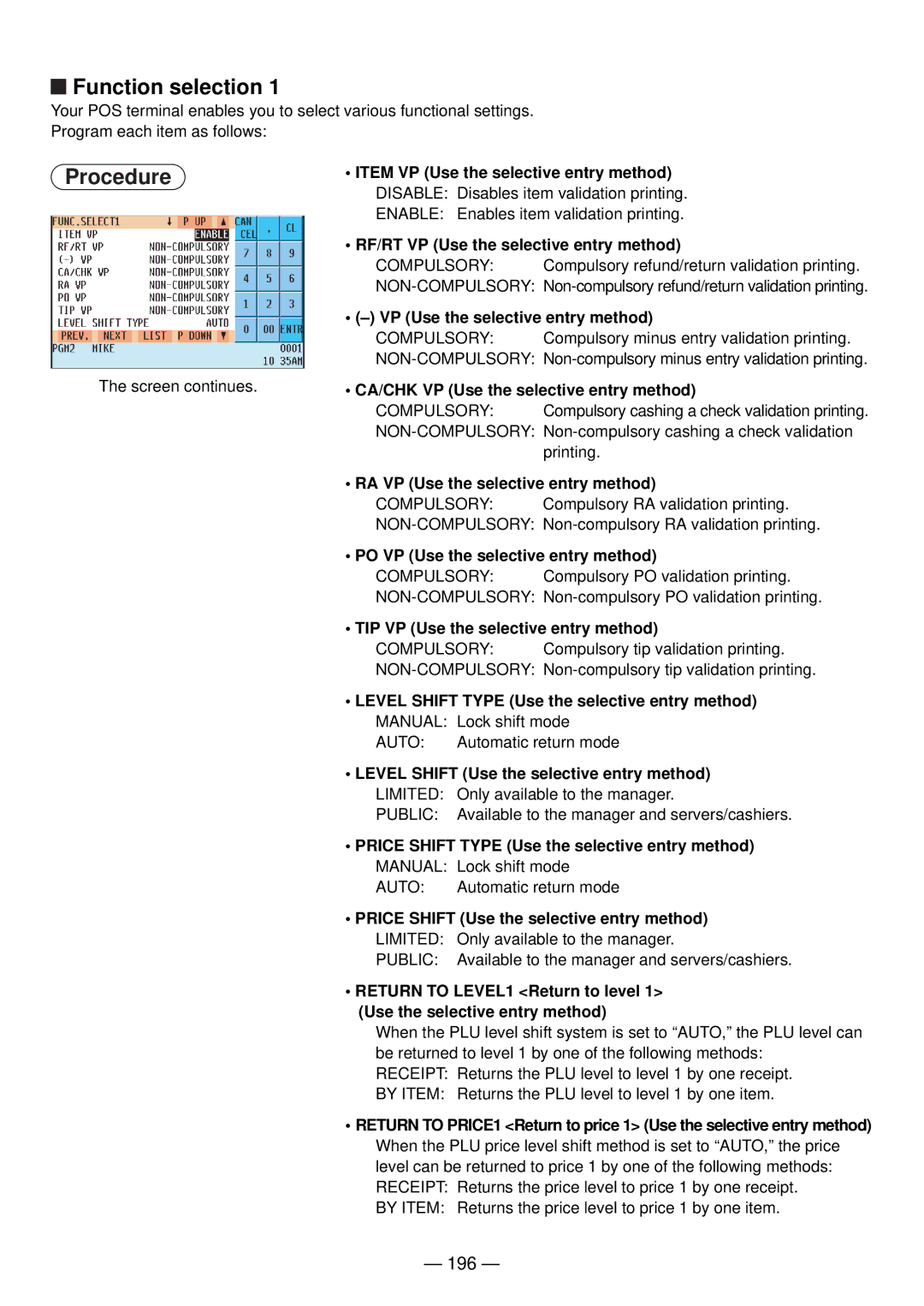 Sharp UP-820N manual Function selection, 196 