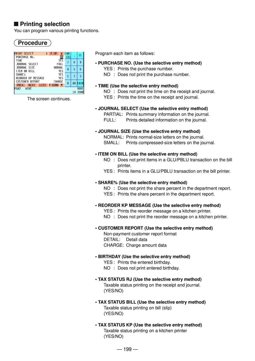 Sharp UP-820N manual Printing selection, 199 