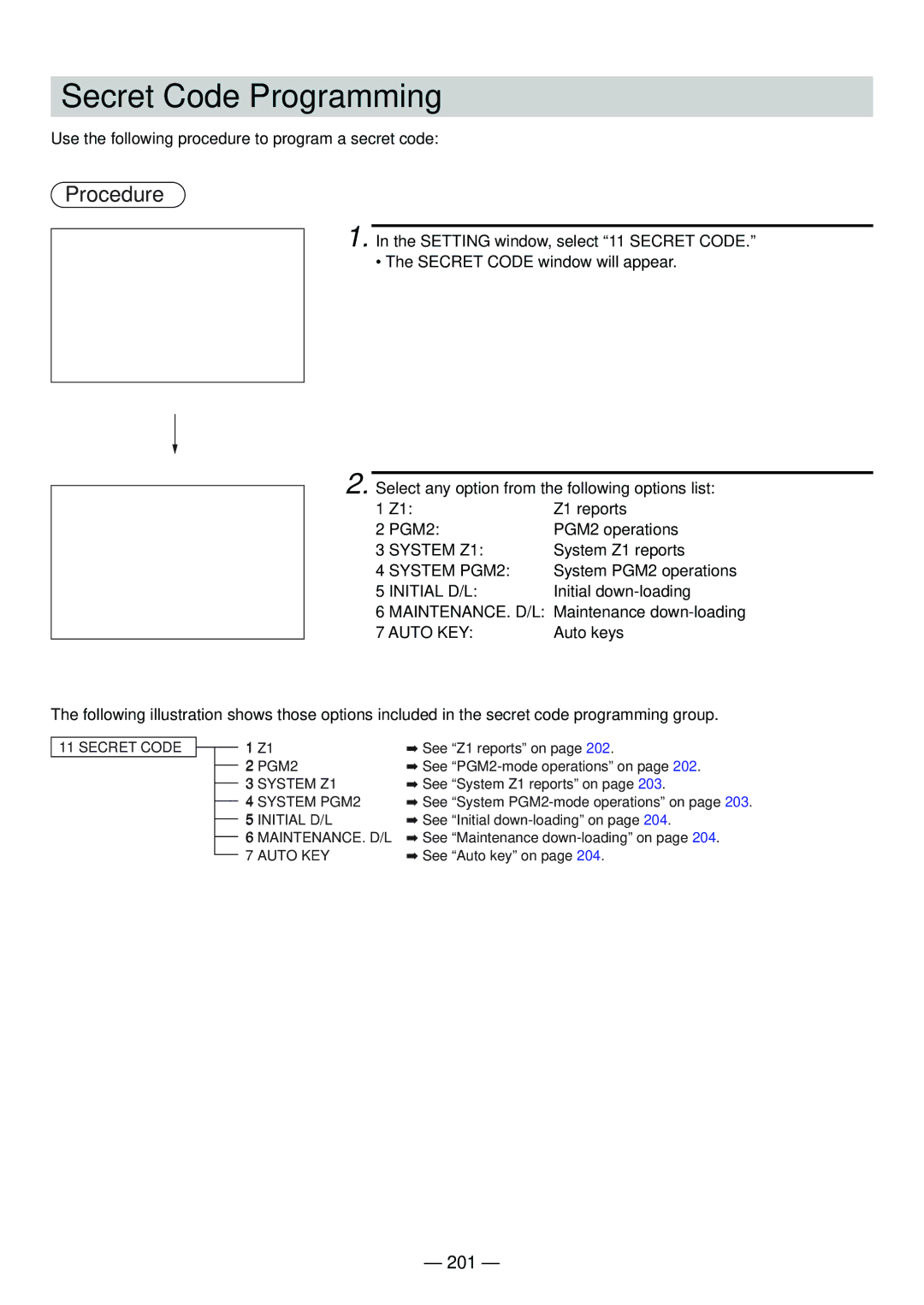 Sharp UP-820N manual Secret Code Programming, 201 