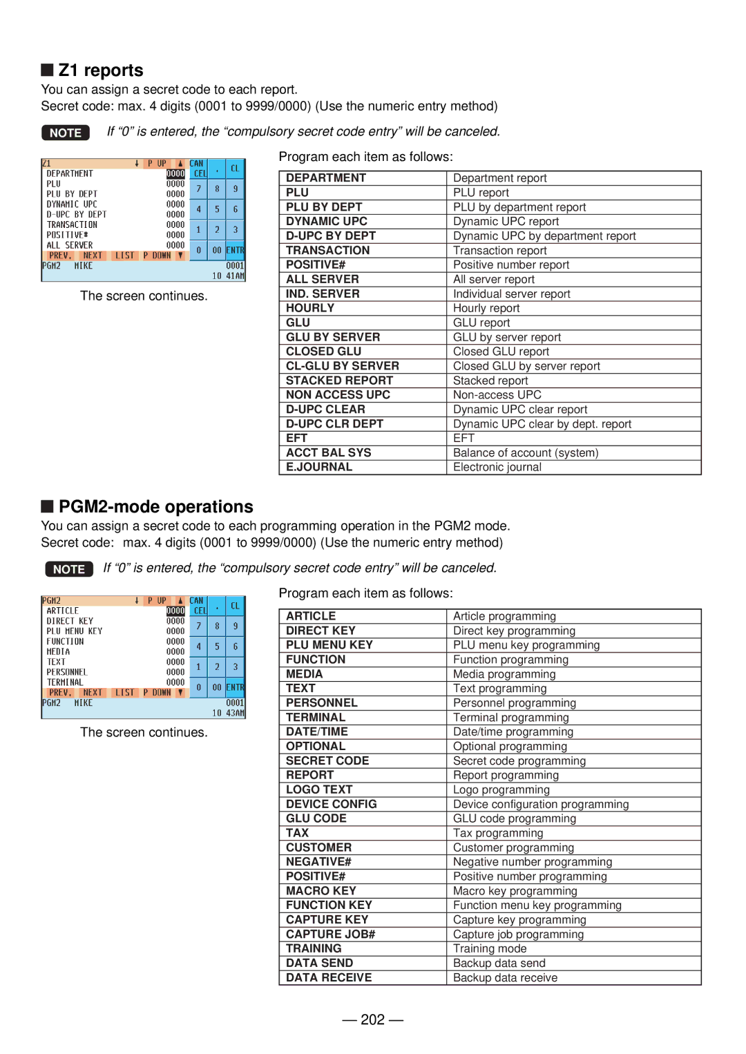 Sharp UP-820N manual Z1 reports, PGM2-mode operations, 202 