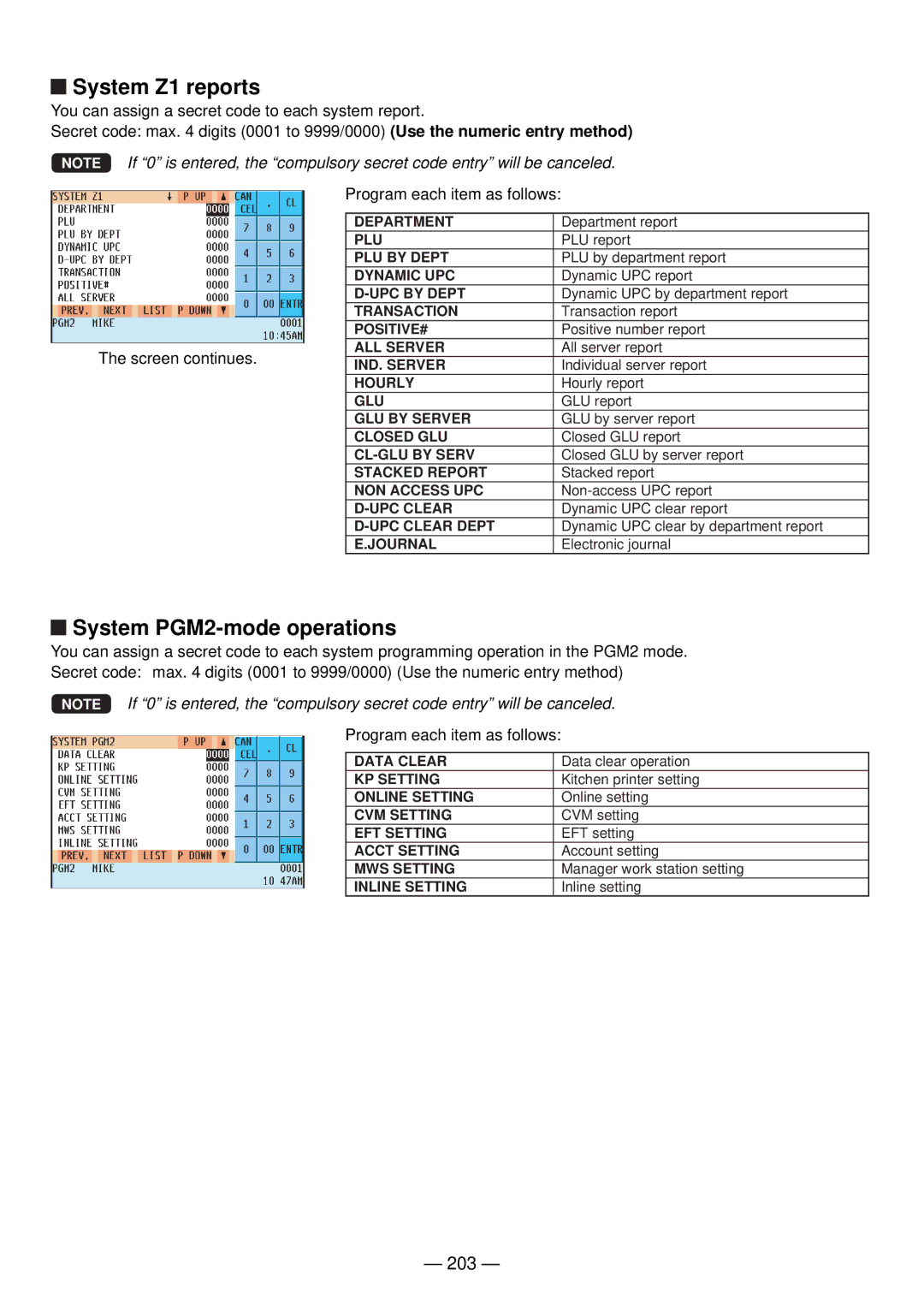 Sharp UP-820N manual System Z1 reports, System PGM2-mode operations, 203 