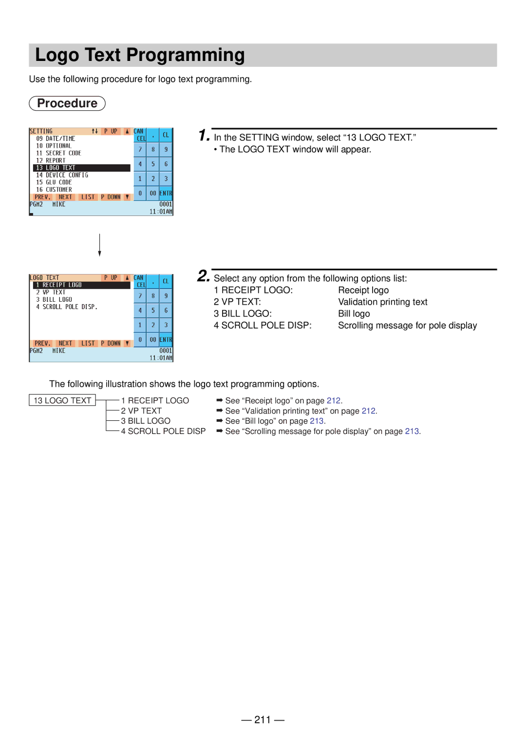 Sharp UP-820N manual Logo Text Programming, 211 