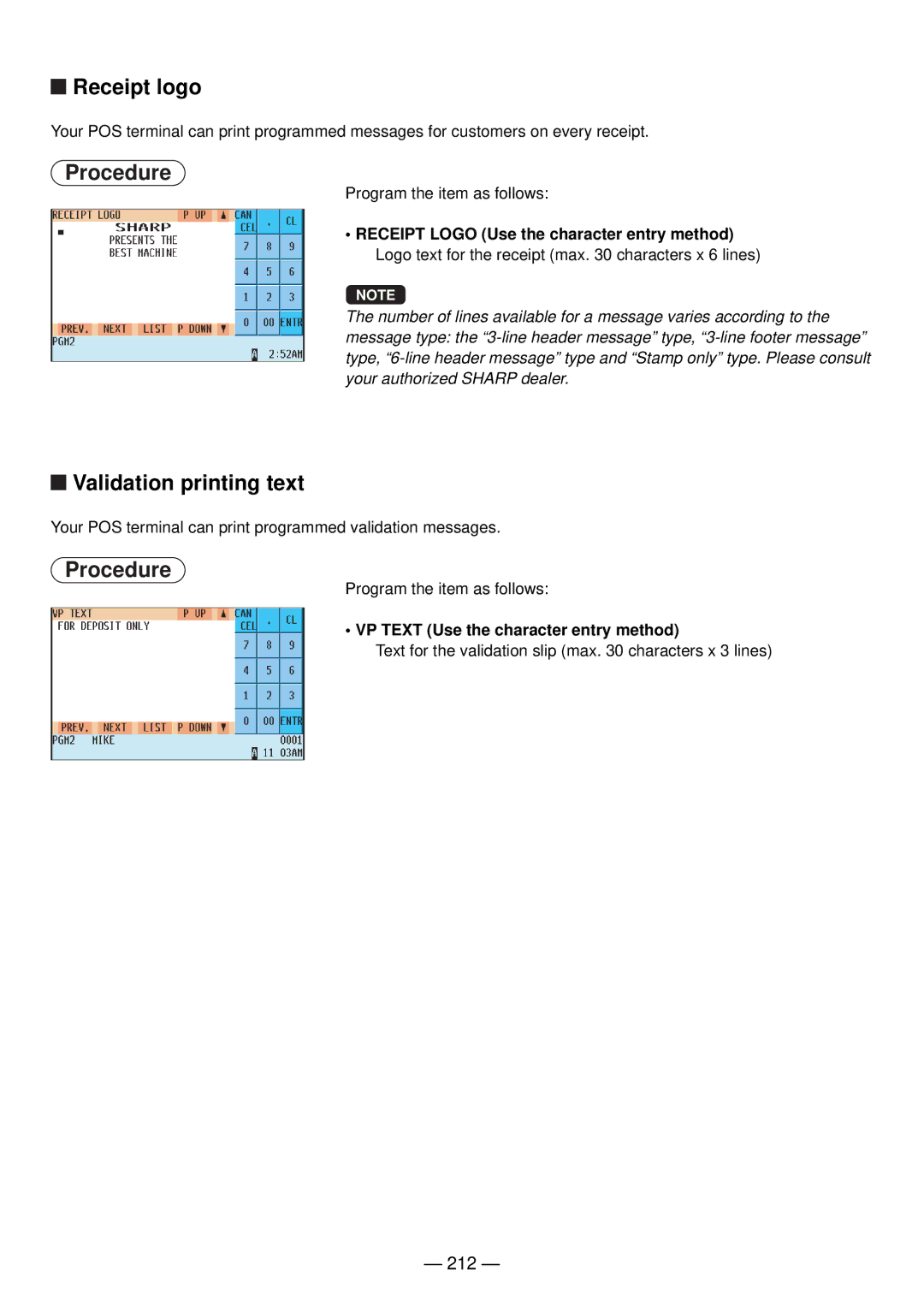 Sharp UP-820N manual Receipt logo, Validation printing text, 212, VP Text Use the character entry method 