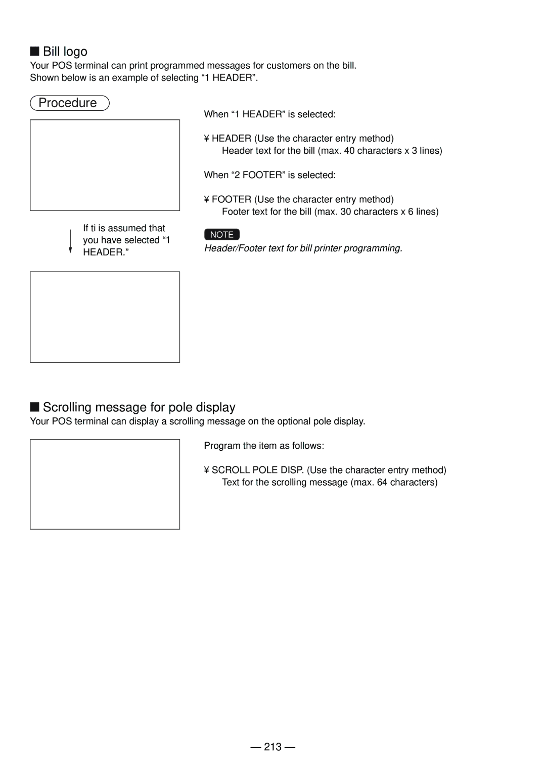 Sharp UP-820N manual Bill logo, Scrolling message for pole display, 213, Header Use the character entry method 