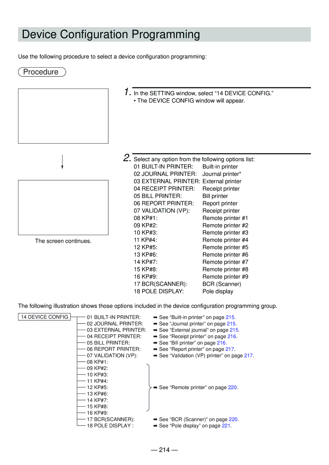 Sharp UP-820N manual Device Configuration Programming, 214 