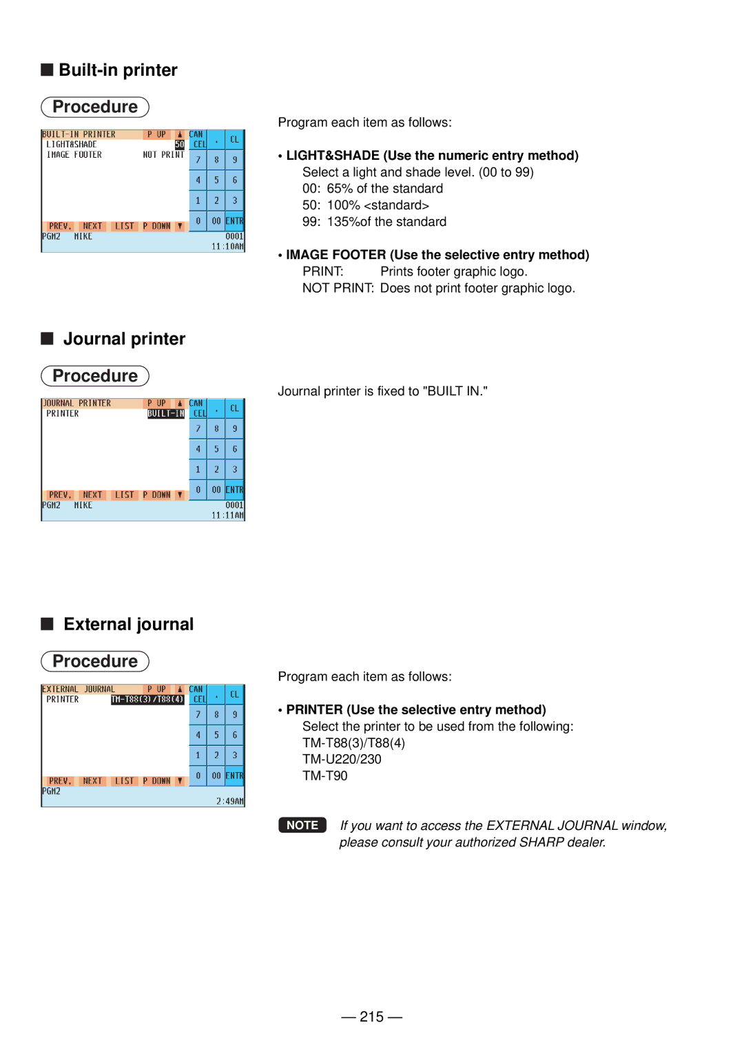 Sharp UP-820N manual Built-in printer, Journal printer, External journal, 215, Image Footer Use the selective entry method 