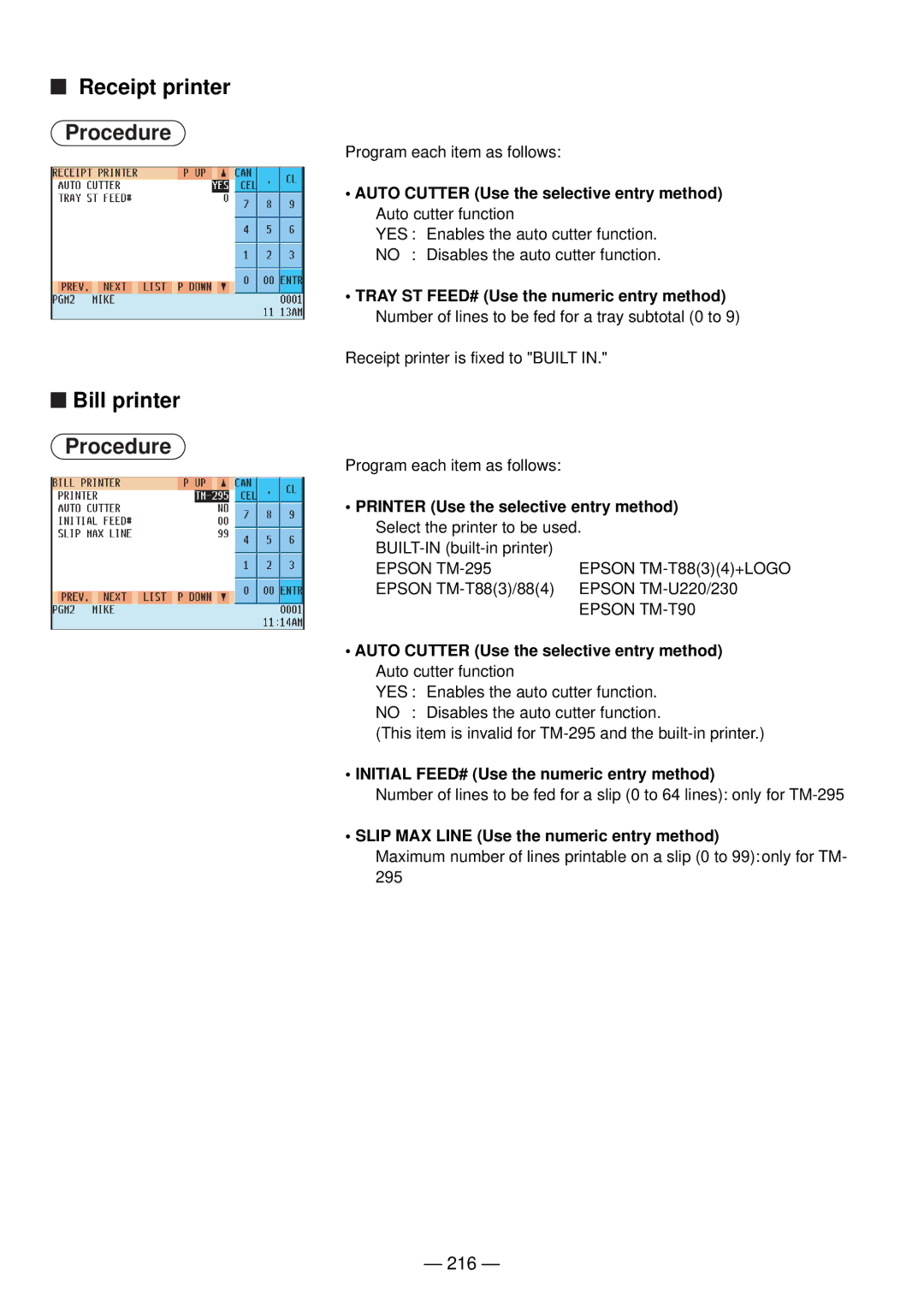 Sharp UP-820N manual Receipt printer, Bill printer, 216, Initial FEED# Use the numeric entry method 