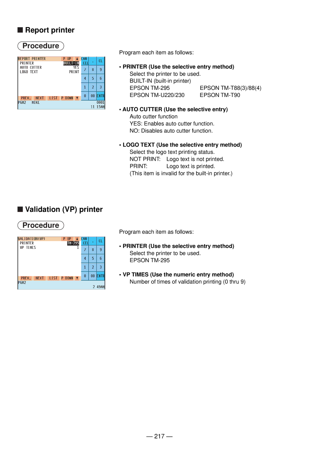 Sharp UP-820N manual Report printer, Validation VP printer, 217, Printer Use the selective entry method 