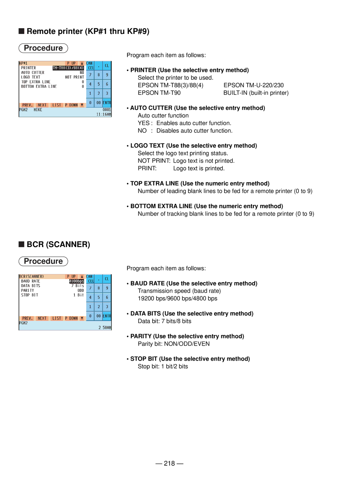 Sharp UP-820N manual Remote printer KP#1 thru KP#9, 218, TOP Extra Line Use the numeric entry method 