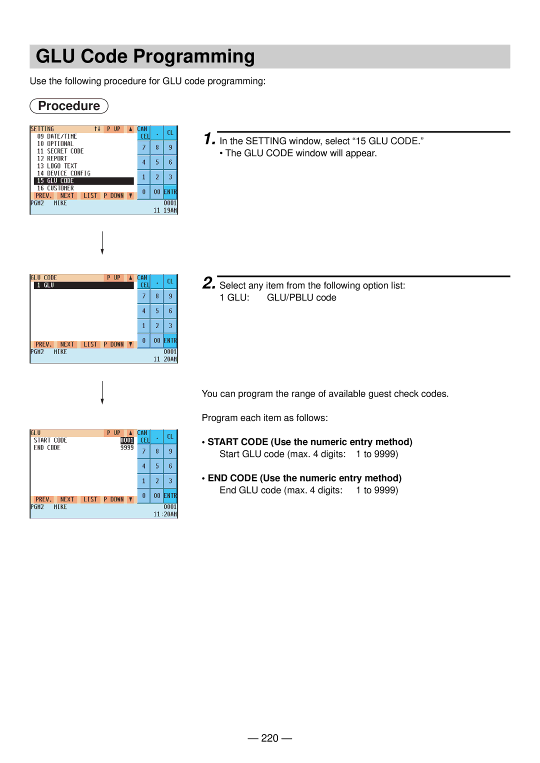 Sharp UP-820N manual GLU Code Programming, 220 