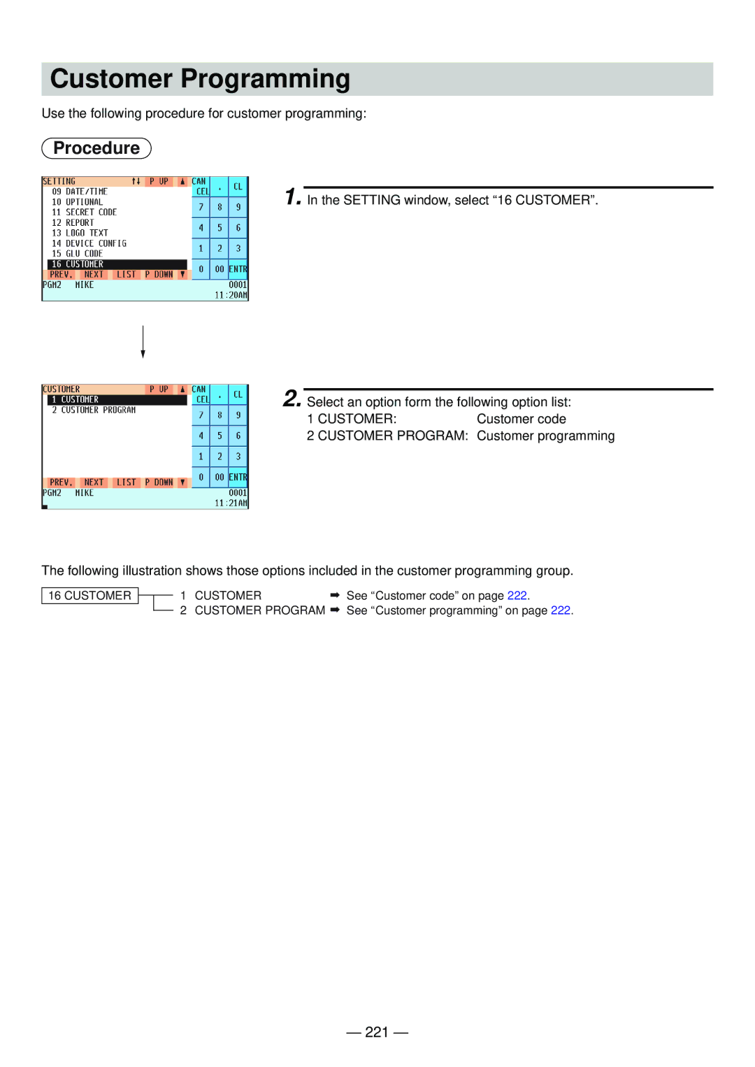 Sharp UP-820N manual Customer Programming, 221 