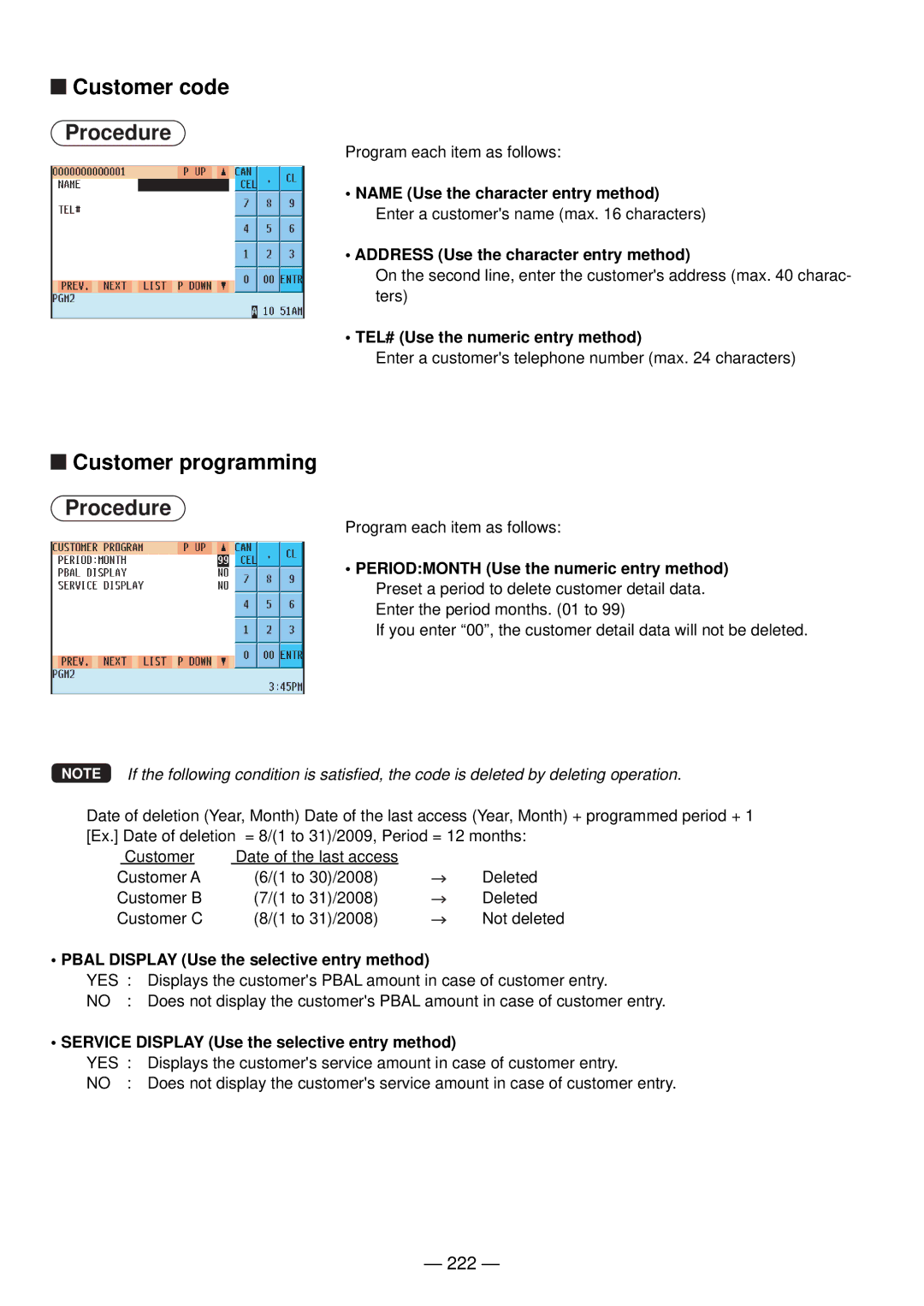 Sharp UP-820N manual Customer code, Customer programming, 222 