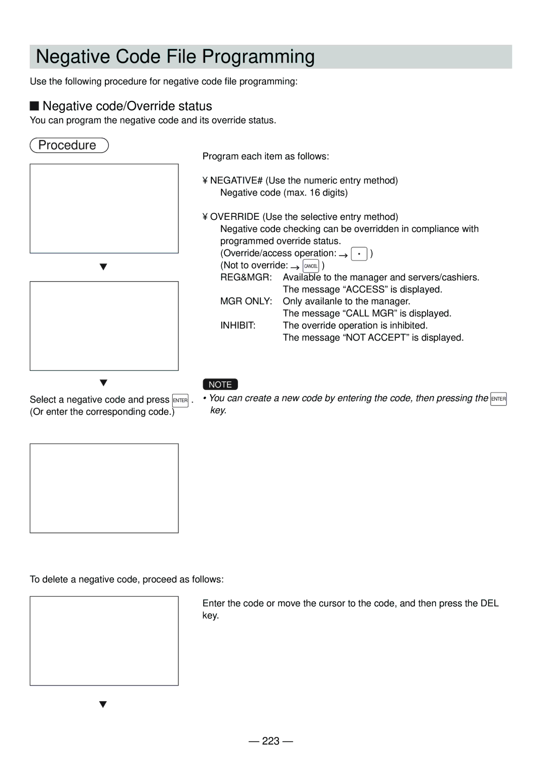 Sharp UP-820N manual Negative Code File Programming, Negative code/Override status, 223 