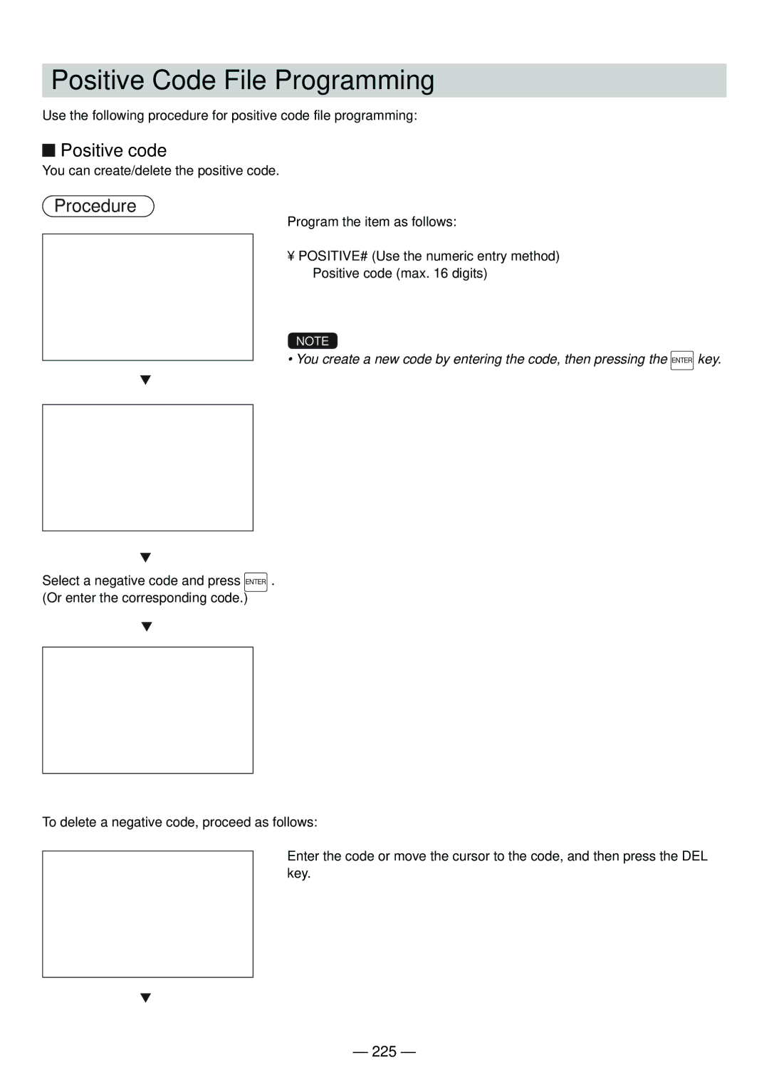 Sharp UP-820N manual Positive Code File Programming, Positive code, 225 